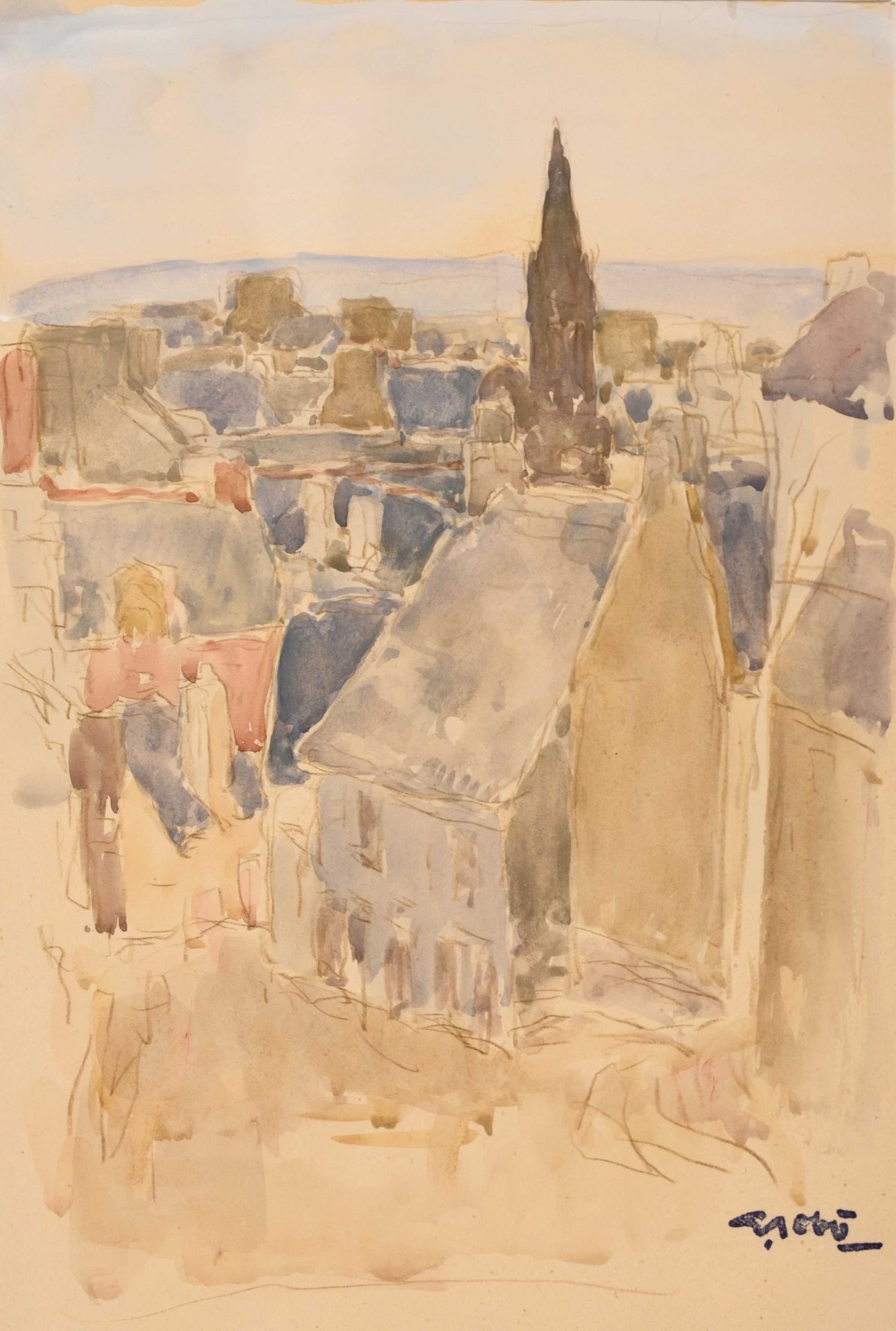 Null Georges GOBO (1876-1958) "Les toits d'ardoise de Douarnenez" aquarelle cabd&hellip;