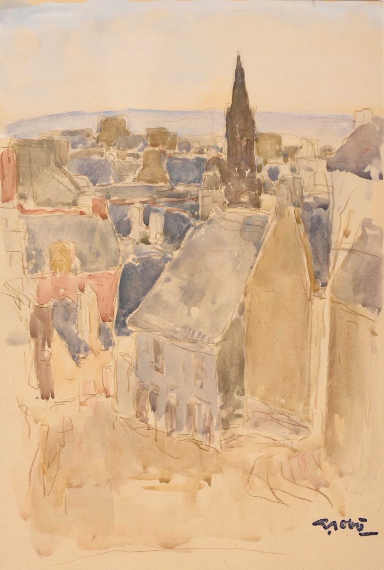 Null Georges GOBO (1876-1958) "Die Schieferdächer von Douarnenez" Aquarell cabd &hellip;