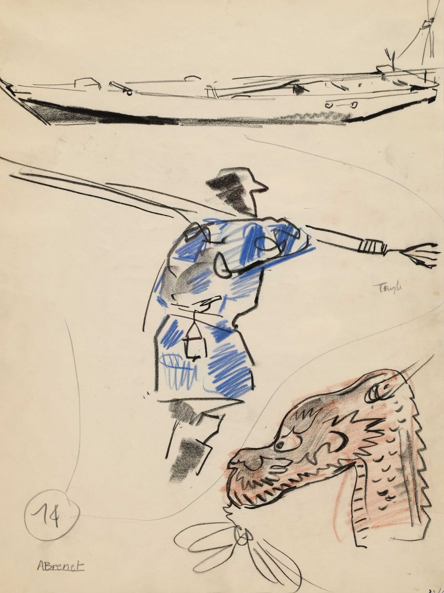 Null Albert BRENET (1903-2005) "日本渔民 1953" 铅笔画 40x30.5