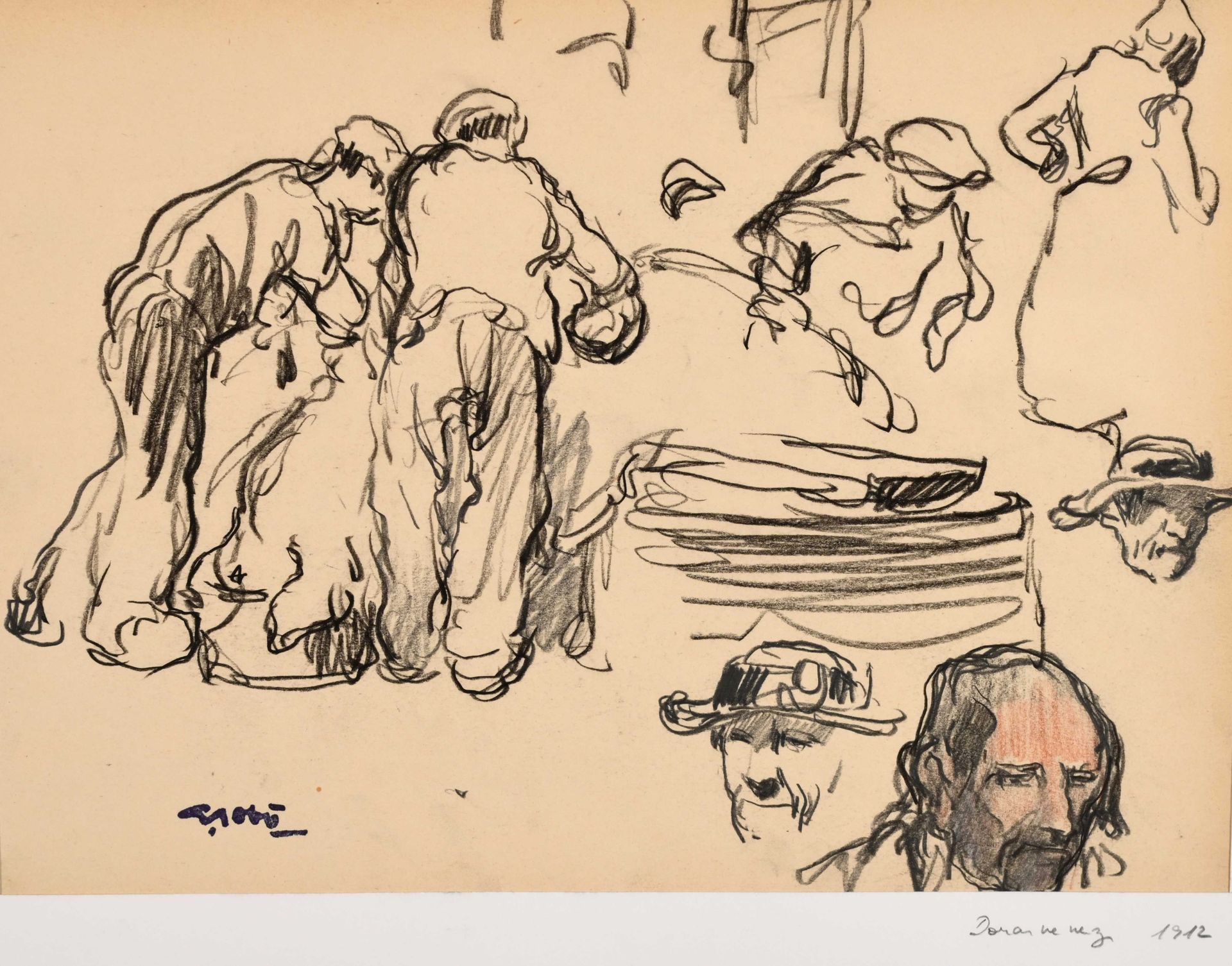 Null Georges GOBO (1876-1958) "猪的准备，Douarnenez 1912" 油性铅笔和红色粉笔，24x33