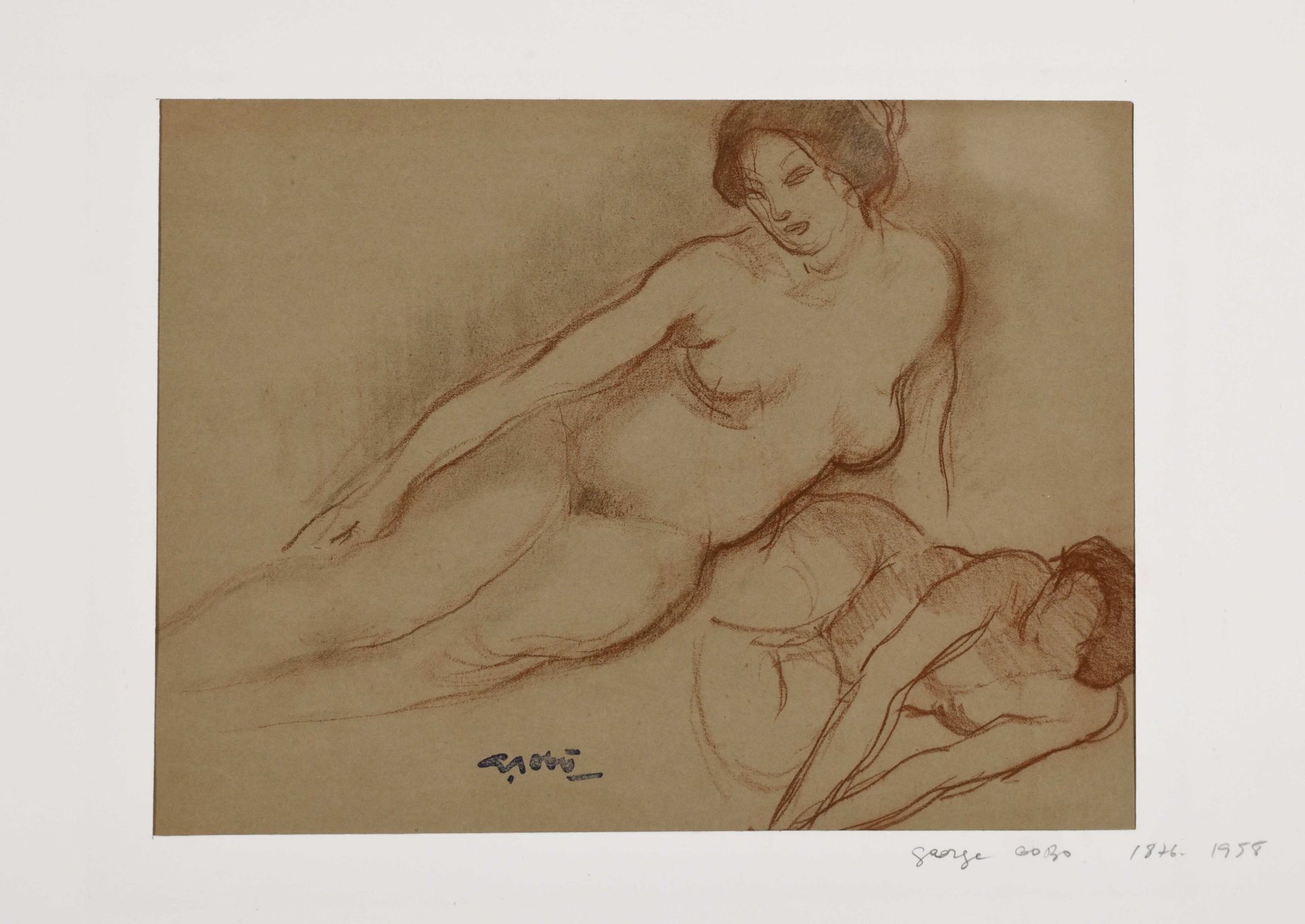 Null Georges GOBO (1876-1958) "两个躺着的裸体女人" 红色粉笔画 20.5x26.5