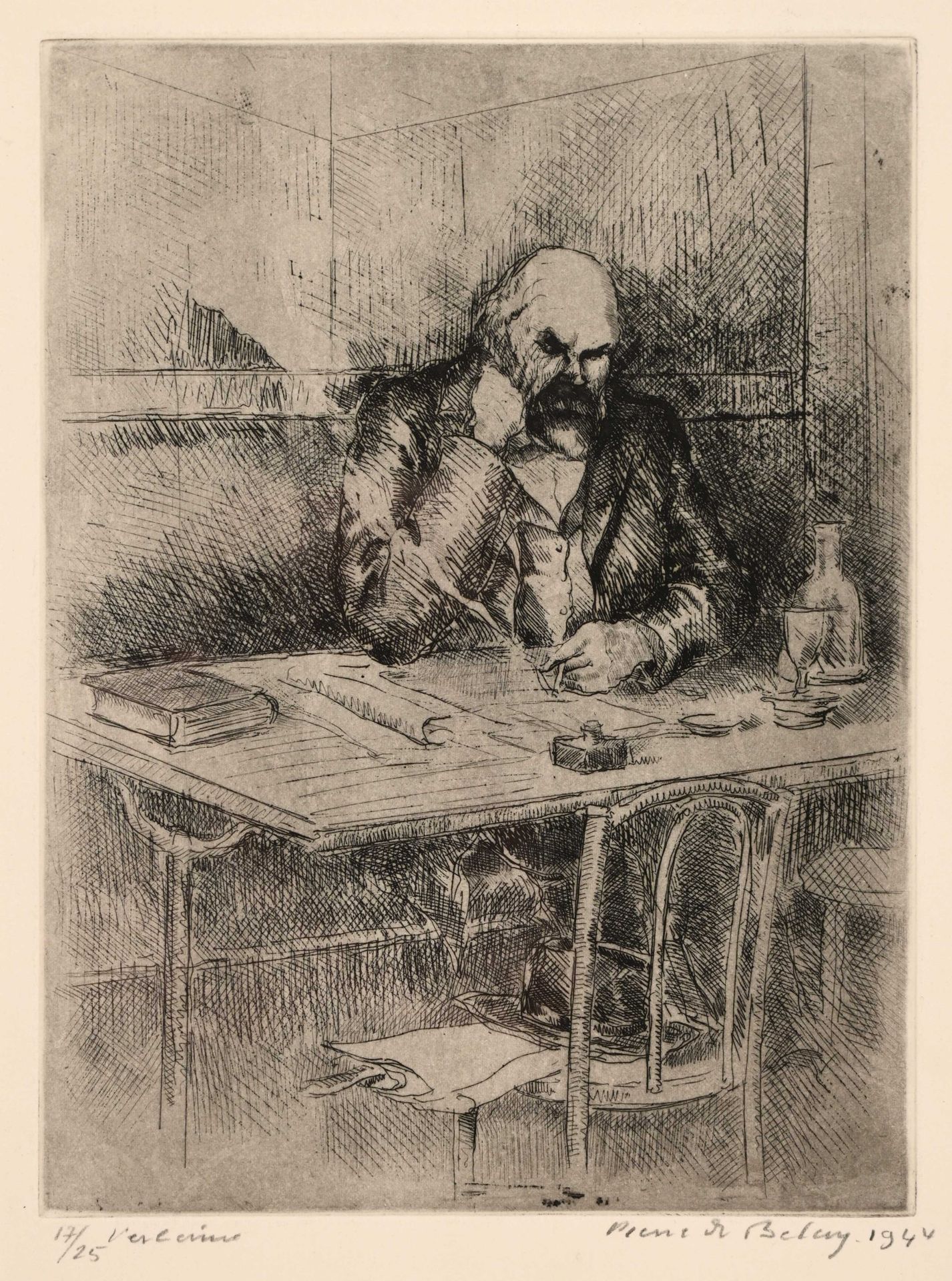 Null Pierre DE BELAY (1890-1947) "Verlaine at the café 1944" etching sbd n° 17/2&hellip;