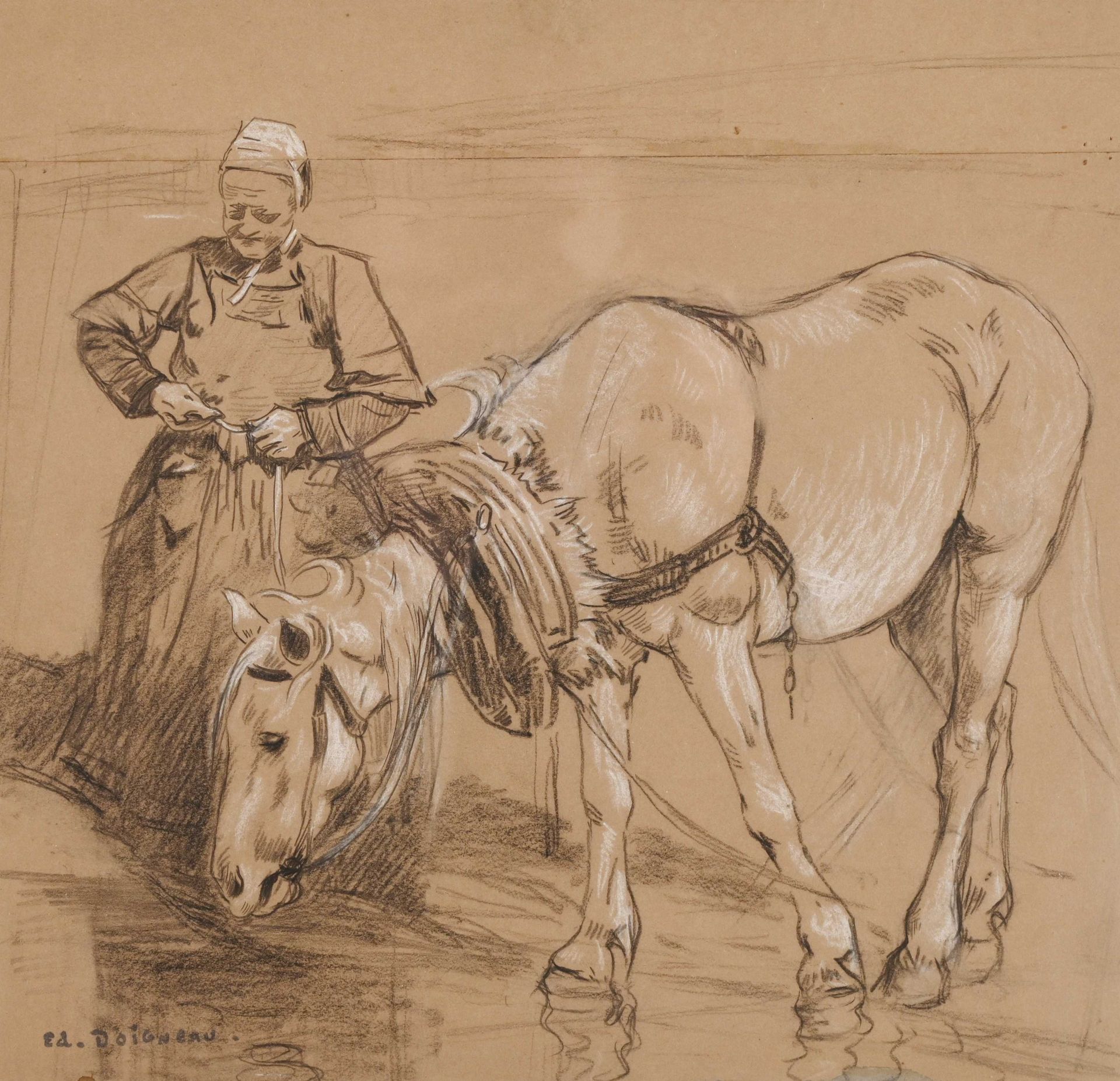 Null Edouard DOIGNEAU (1865-1954) "Bigoudène abreuvant son cheval" 铅笔和粉笔画 30x31