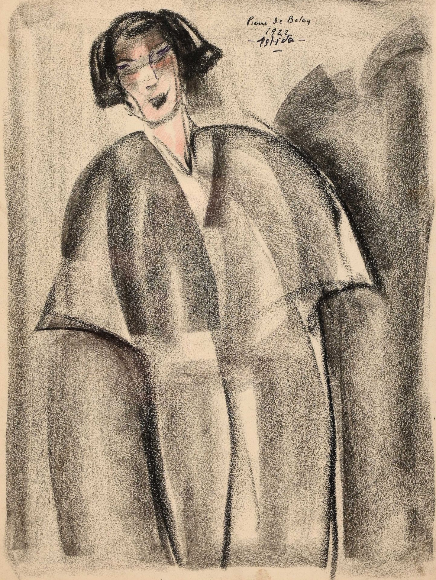 Null Pierre DE BELAY (1890-1947) "Ashida 1922" matita grassa e colori shd 33,5x2&hellip;