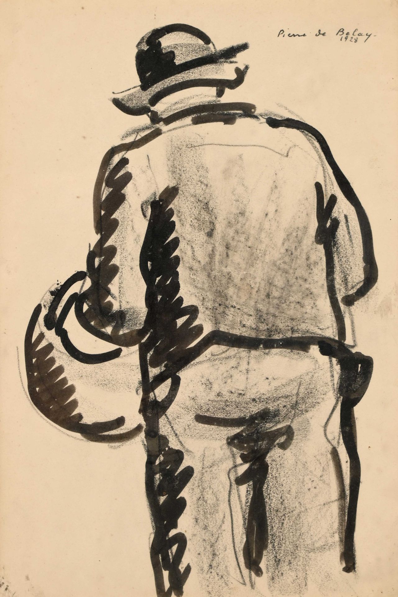 Null Pierre DE BELAY (1890-1947) "Man with basket" charcoal and watercolor drawi&hellip;
