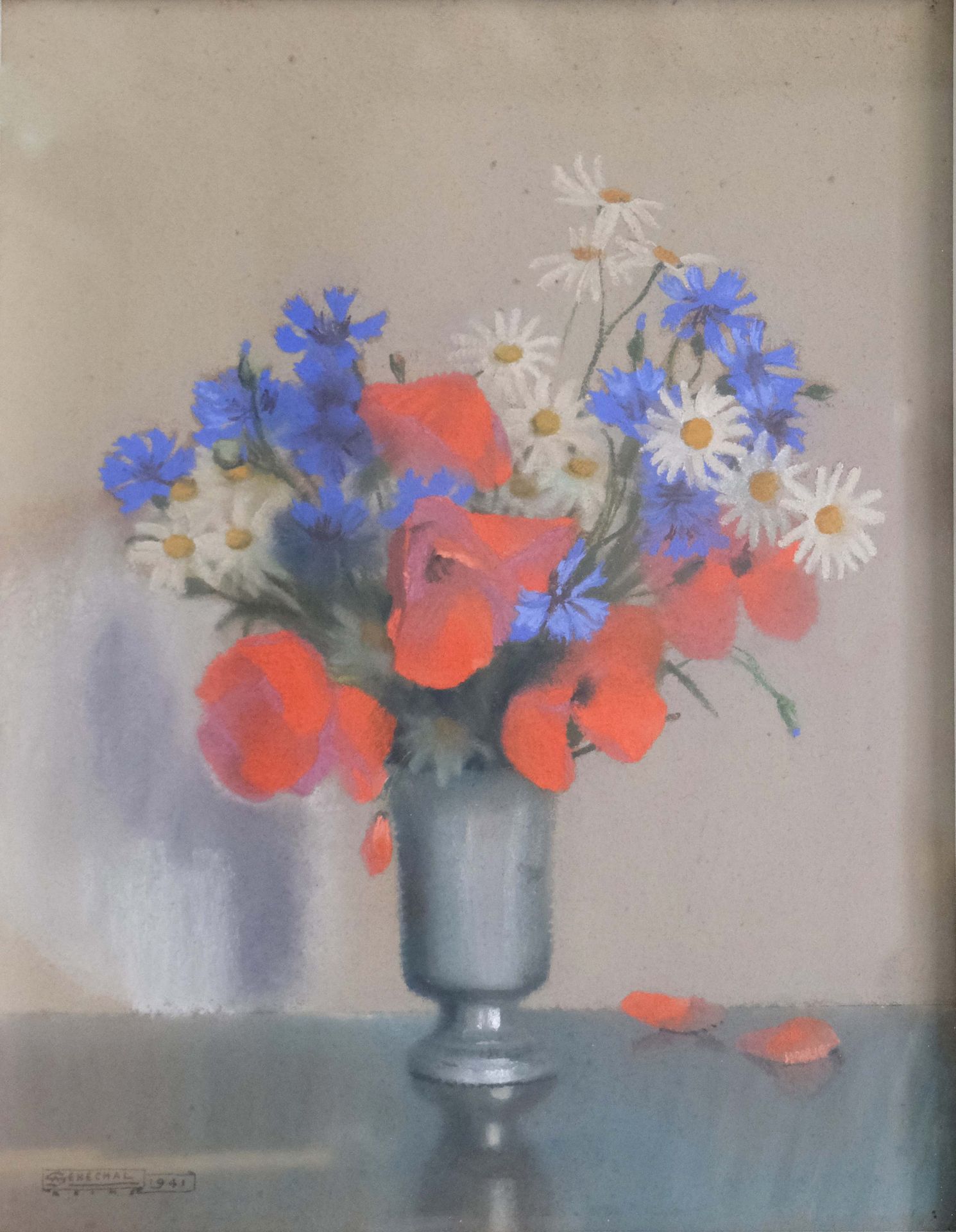 Null Adrien SENECHAL (1896-1974) "Bouquet di fiori tricolori papaveri, fiordalis&hellip;