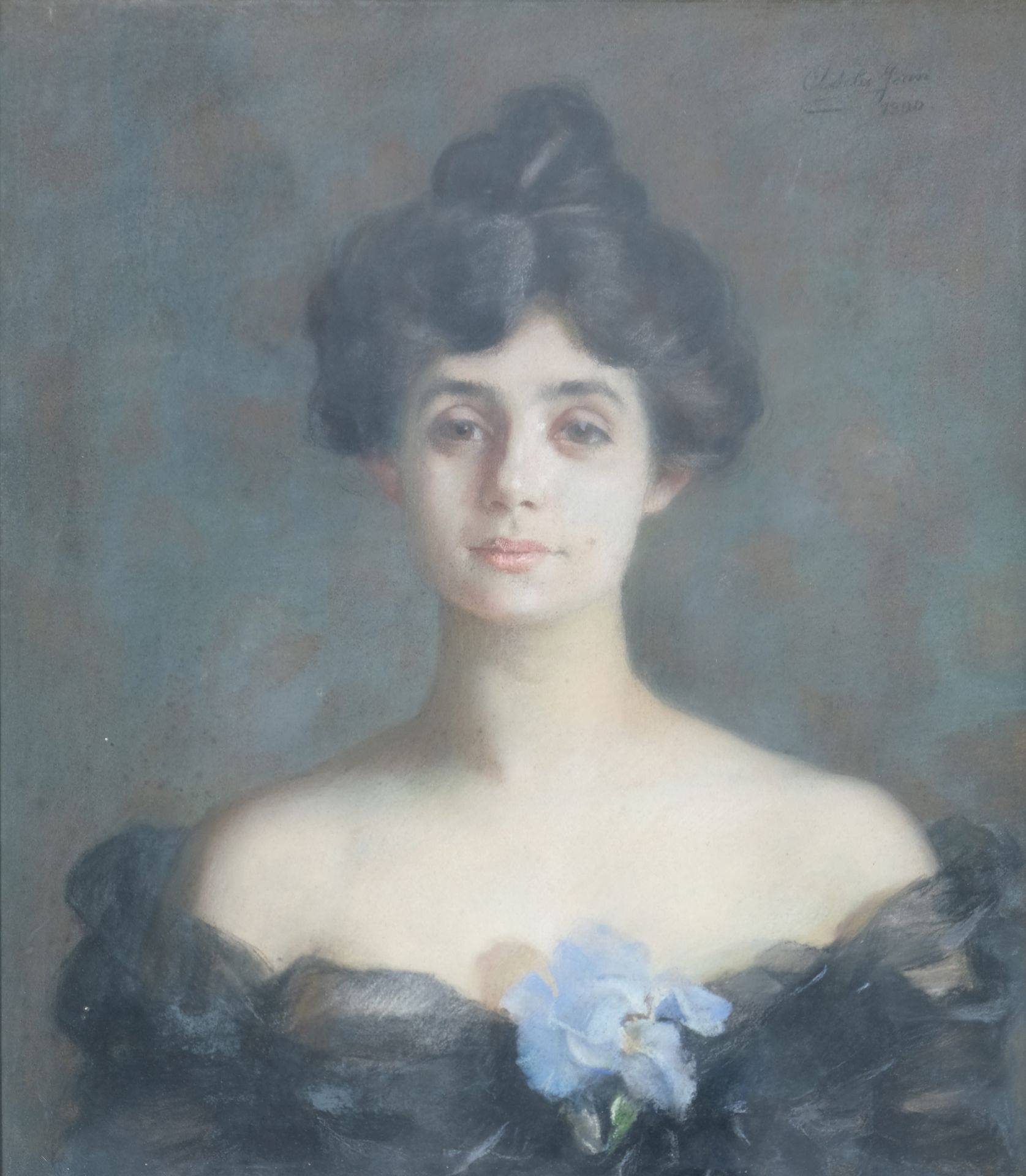 Null Adela JEAN (1868-1941) "Elégante à l'iris" 布面粉彩画，右上角有签名和日期 1900 65,5 x 54,5&hellip;