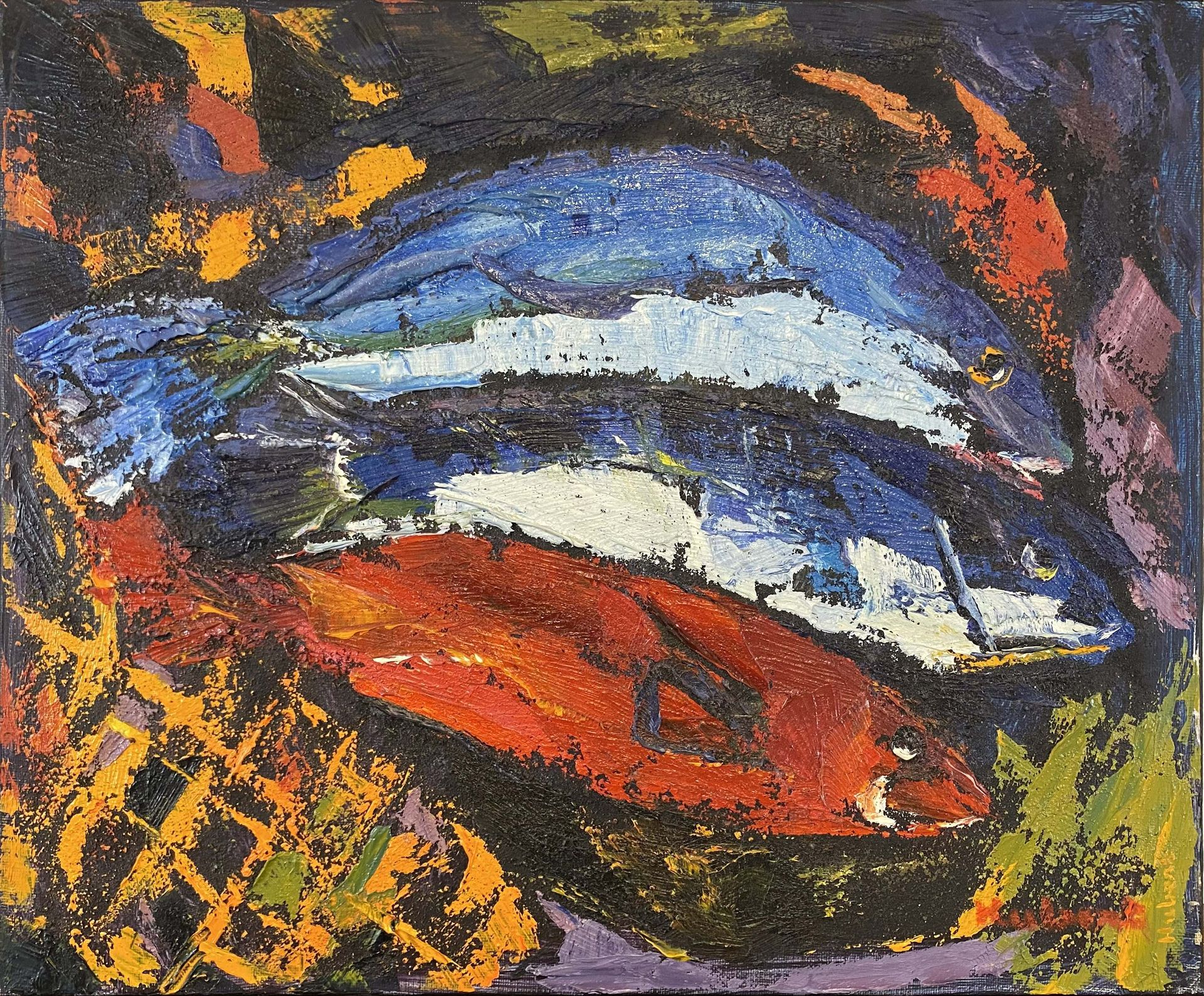 Null HUBERT (XXe) "La pêche" huile sur toile signée en bas à droite 38,5 x 46 cm
