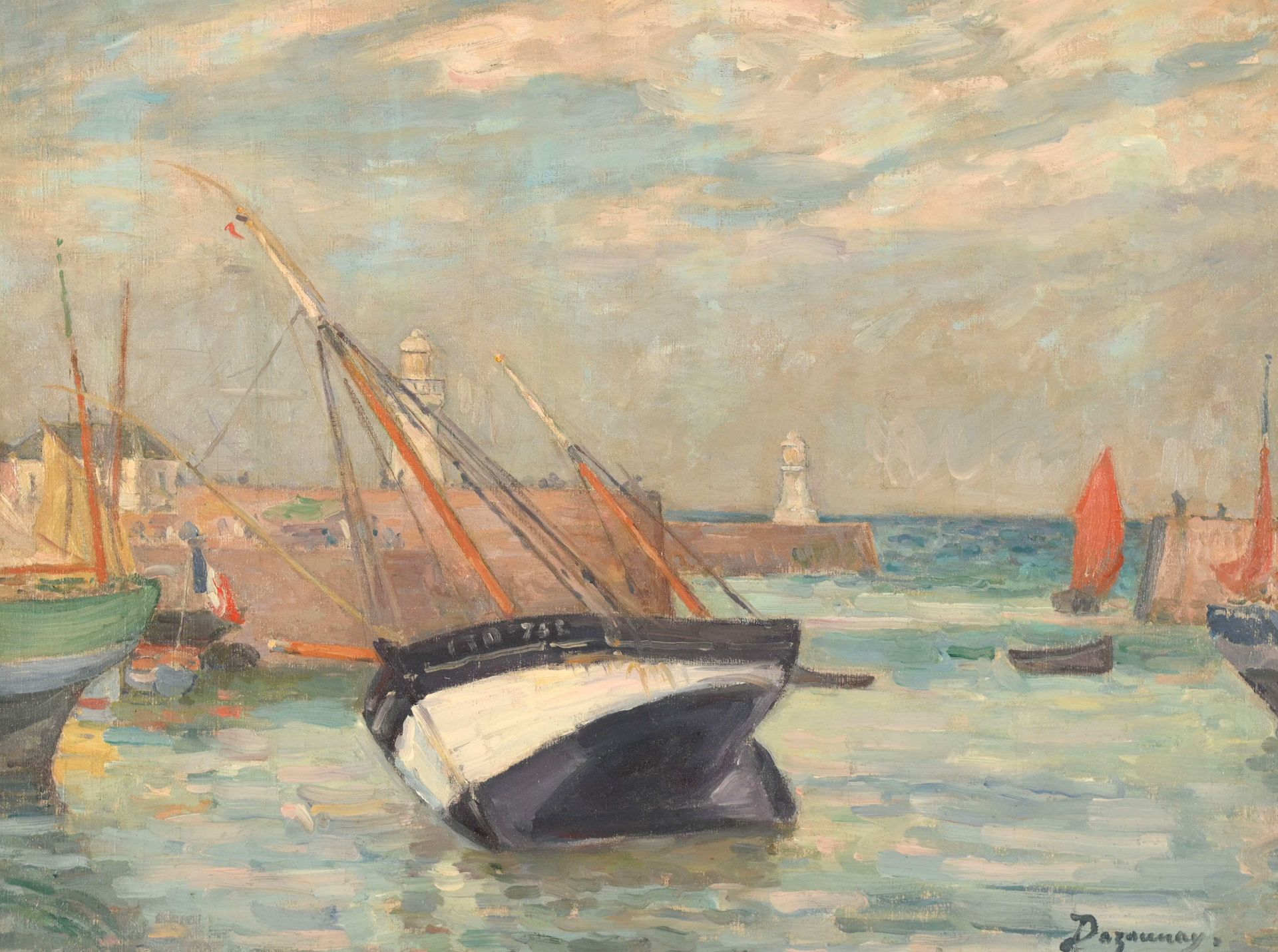 Null Emile DEZAUNAY (1854-1938) "Barco varado a la entrada del puerto" hst wd 50&hellip;