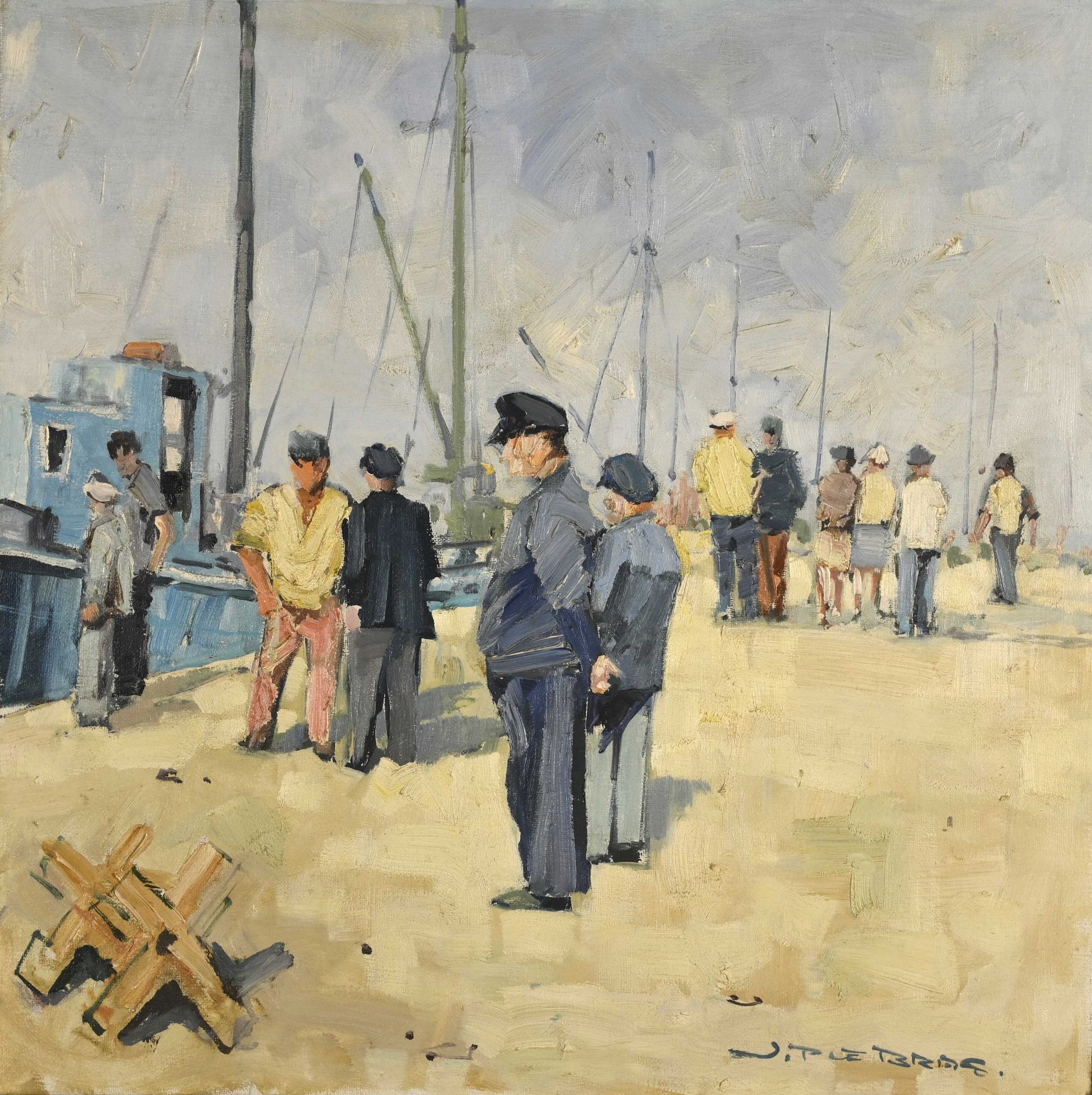 Null Jean Pierre LE BRAS (1931-2017) " Quai animé " 布面油画，右下方有签名 60 x 60