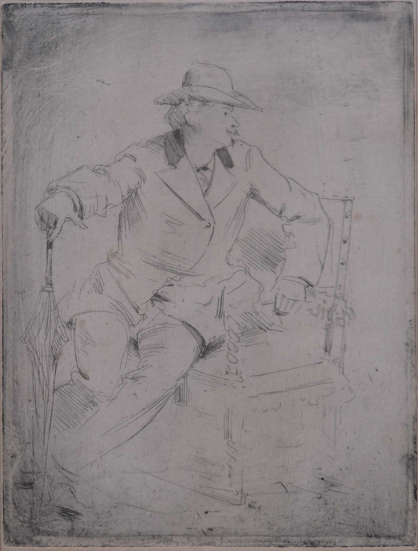 Null Paul Victor MATHEY (1844 - 1929) "Mann mit Hut" Radierung 16 x 12 cm