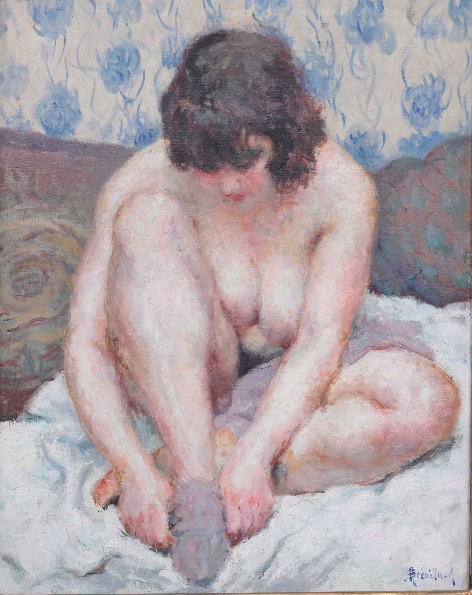 Null André François BREUILLAUD (1898-1994) 《穿袜子的裸体》布面油画，右下角有签名 92 x 73 cm