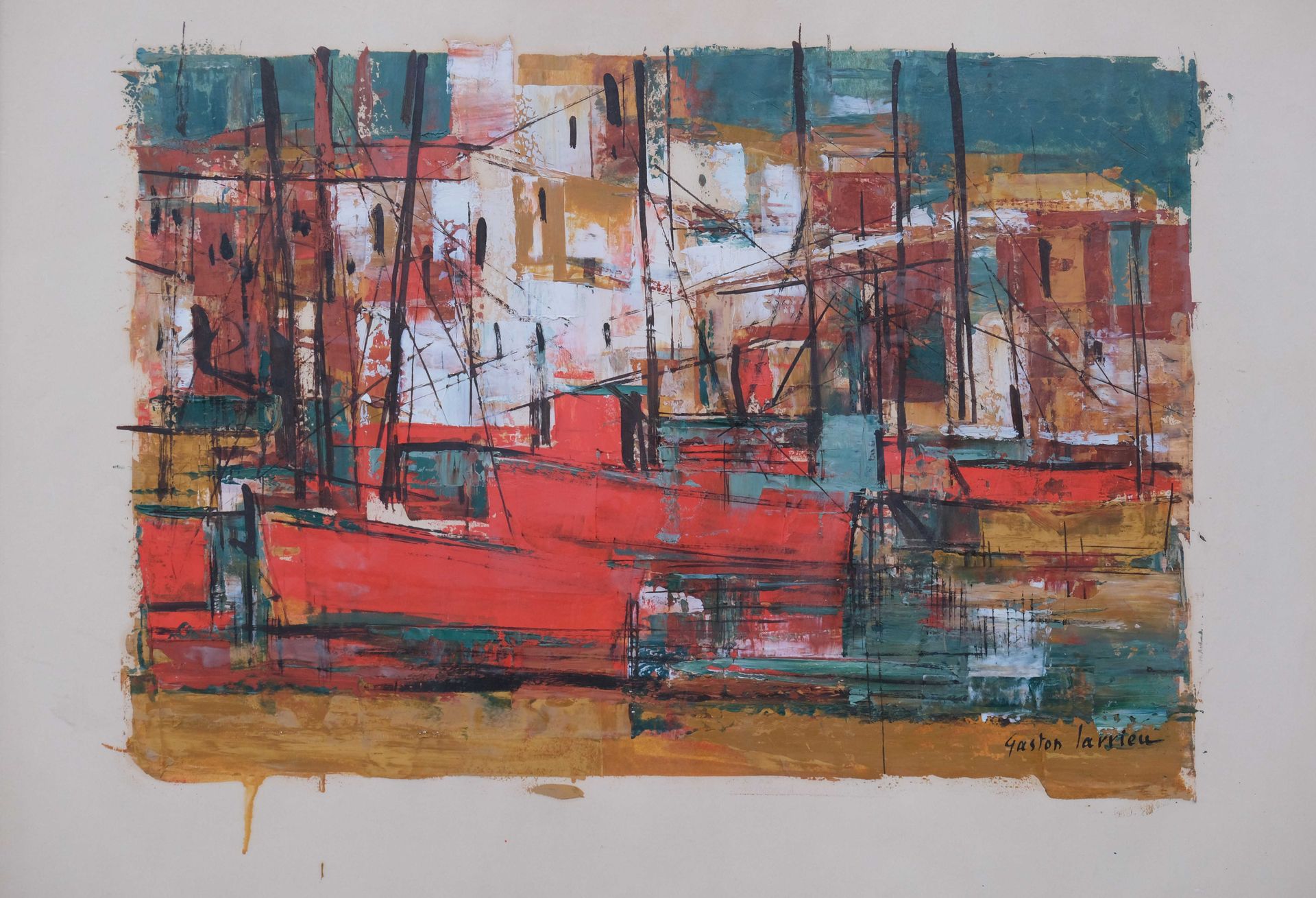 Null Gaston LARIEU (1908 1983) "Les bateaux rouges" 纸上丙烯，右下角签名 50 x 65 cm