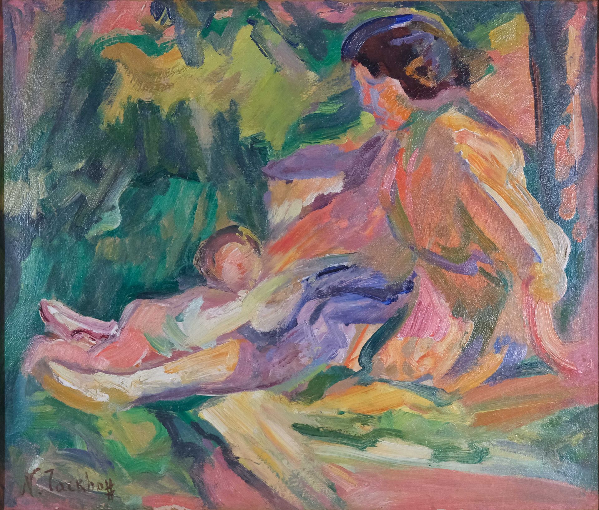 Null 尼古拉-塔克霍夫(1871-1930)《带孩子的女人》纸上油画，装在画布上，左下角签名 30 x 35,5 cm