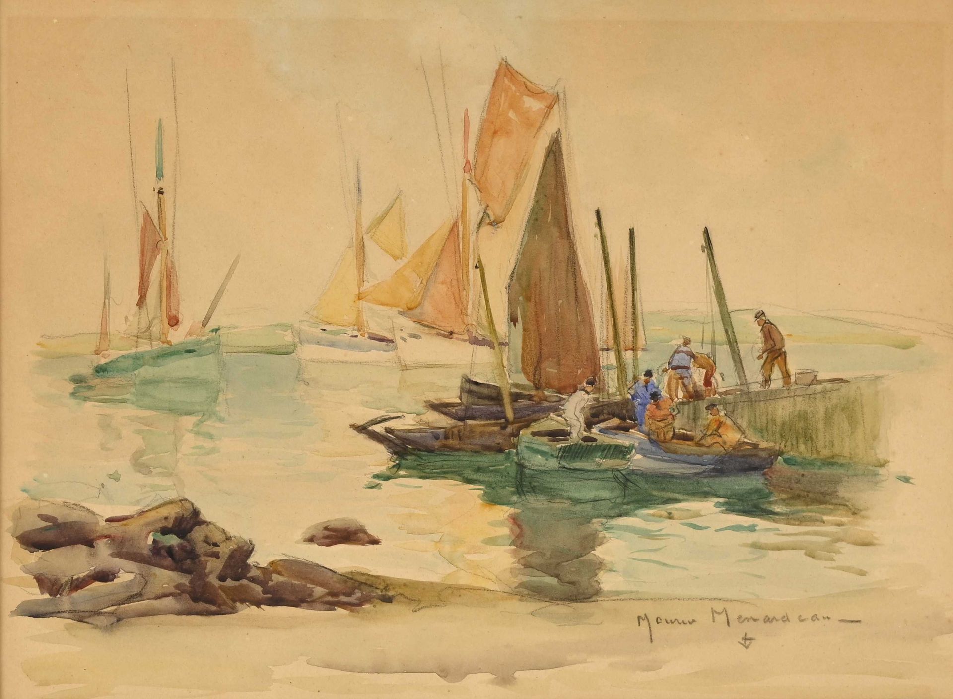 Null Maurice MENARDEAU (1897-1977) "Retour des pêcheurs près de la cale" aquarel&hellip;