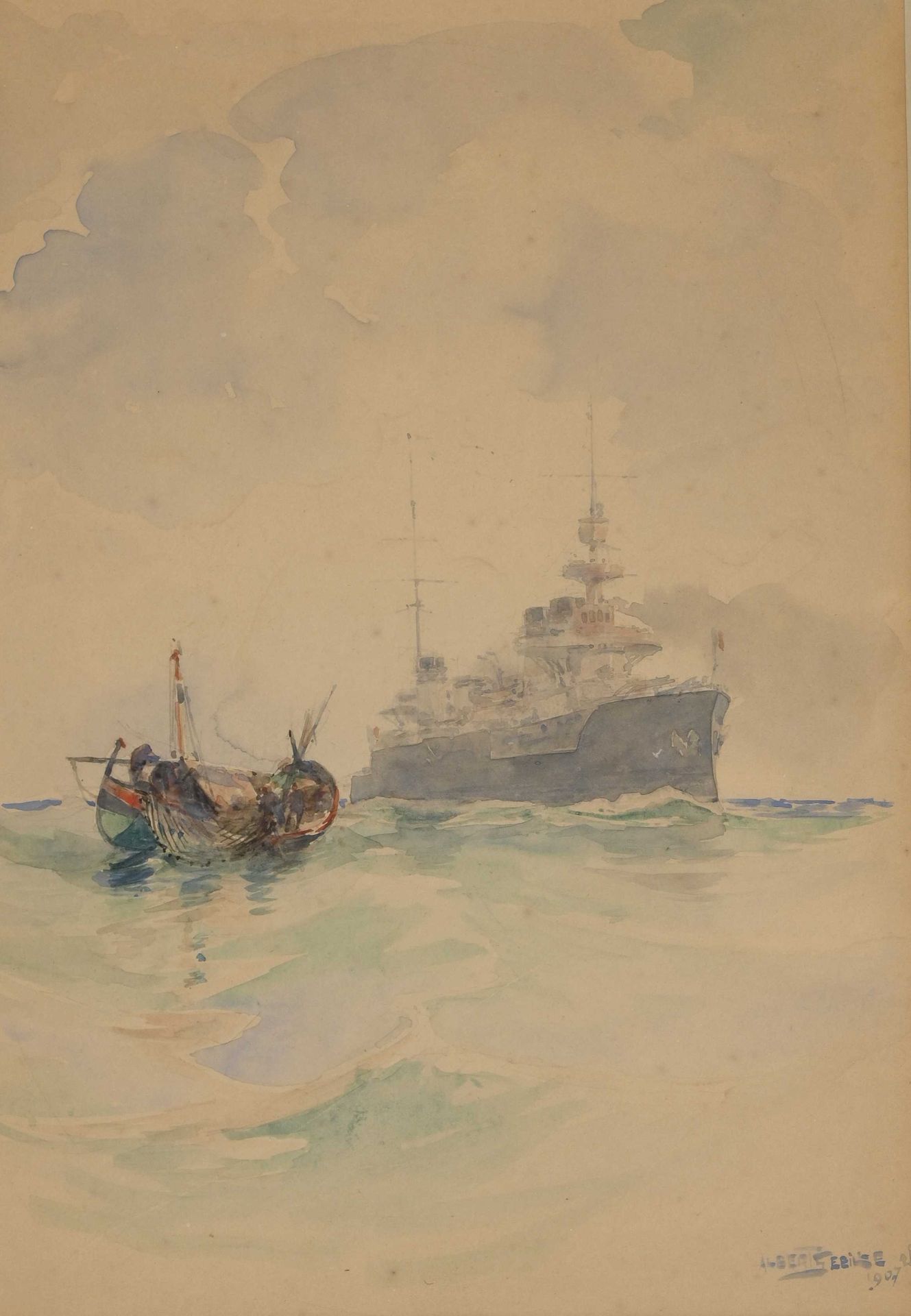 Null 阿尔伯特-塞比尔（1874-1953）"La levée du filet "水彩画，日期为1907年（1907年被任命为海军画家）36x25