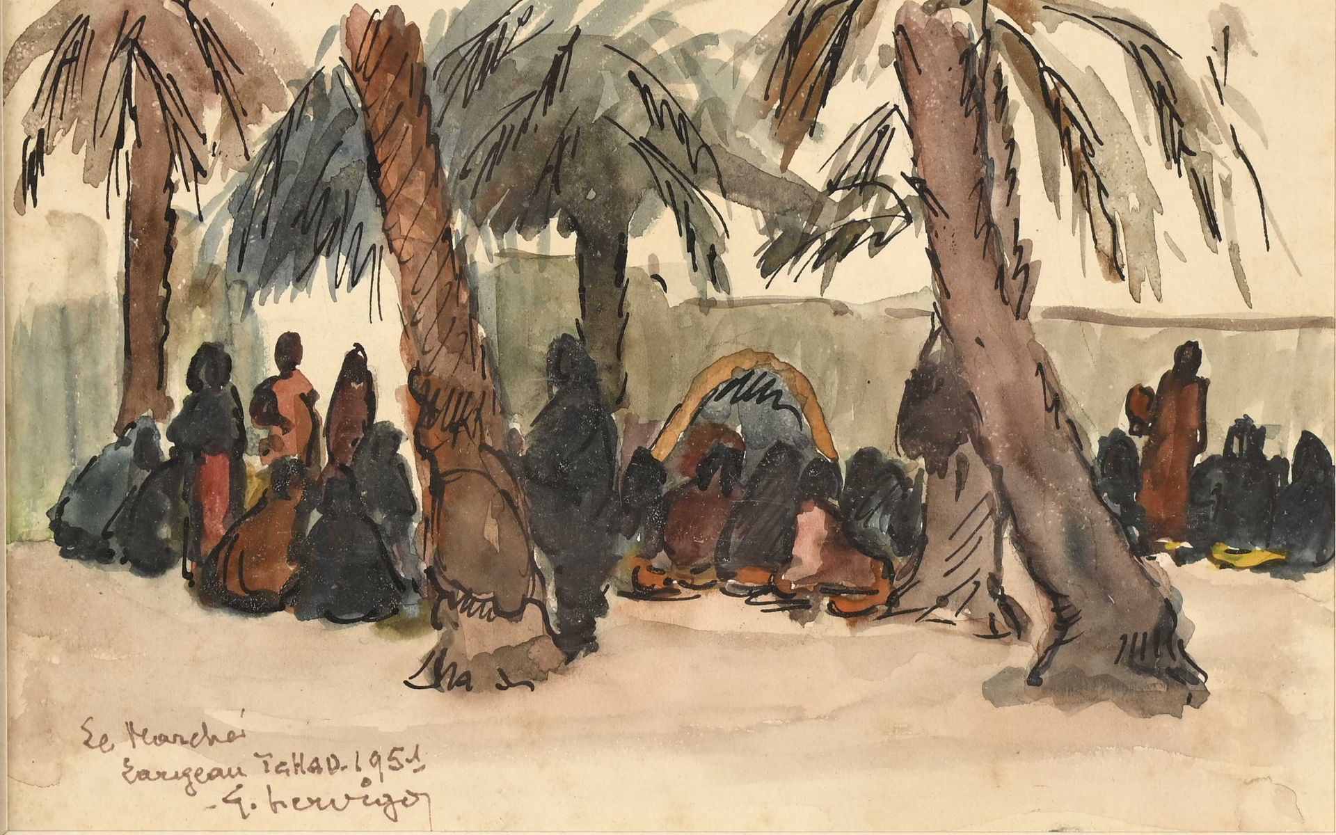 Null Gustave HERVIGO (1896-1993) "Le marché, Tchad 1951" aquarelle sbg 15x24