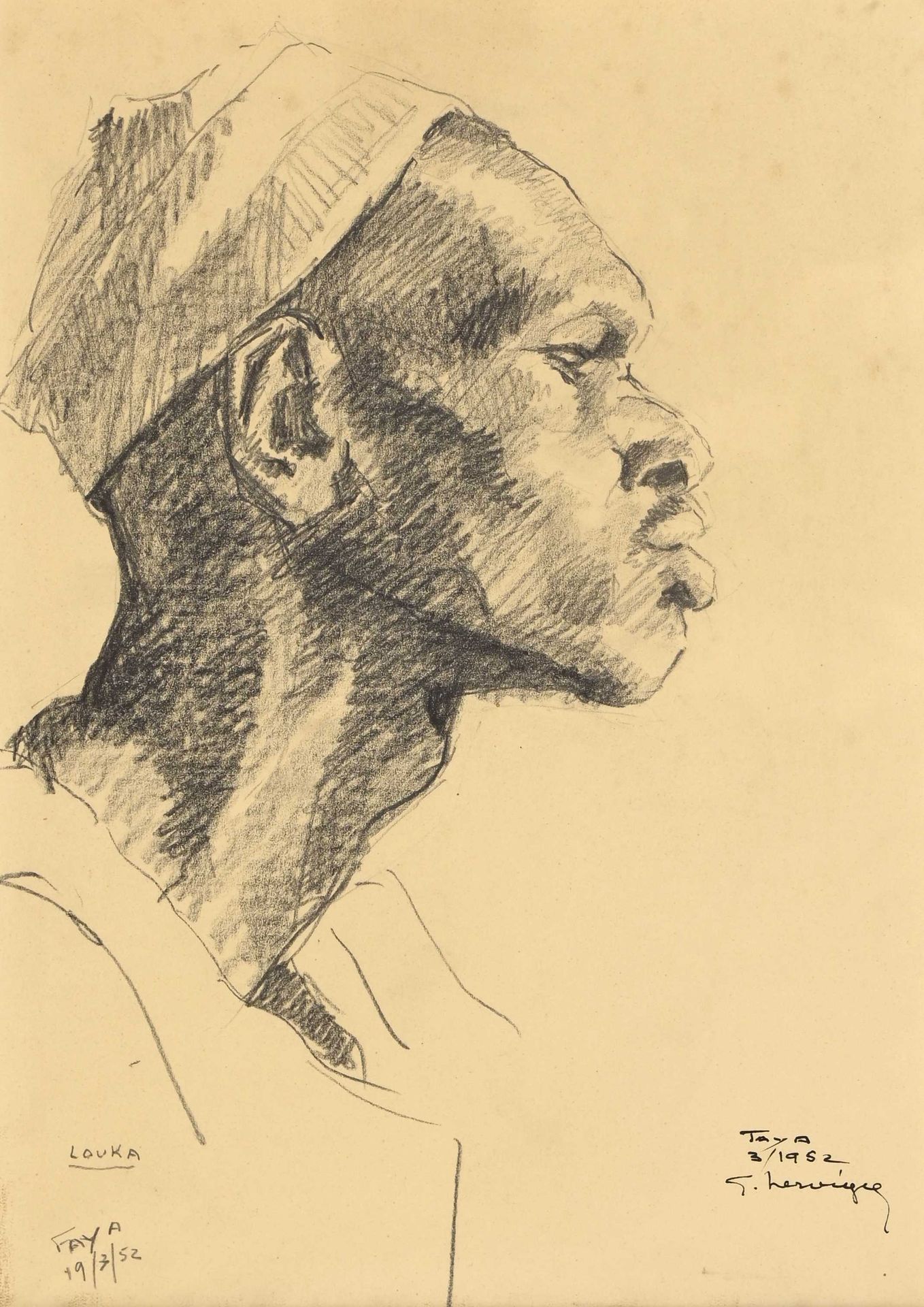 Null Gustave HERVIGO (1896-1993) "Tchadien de profil" crayon gras sbd daté 1952 &hellip;