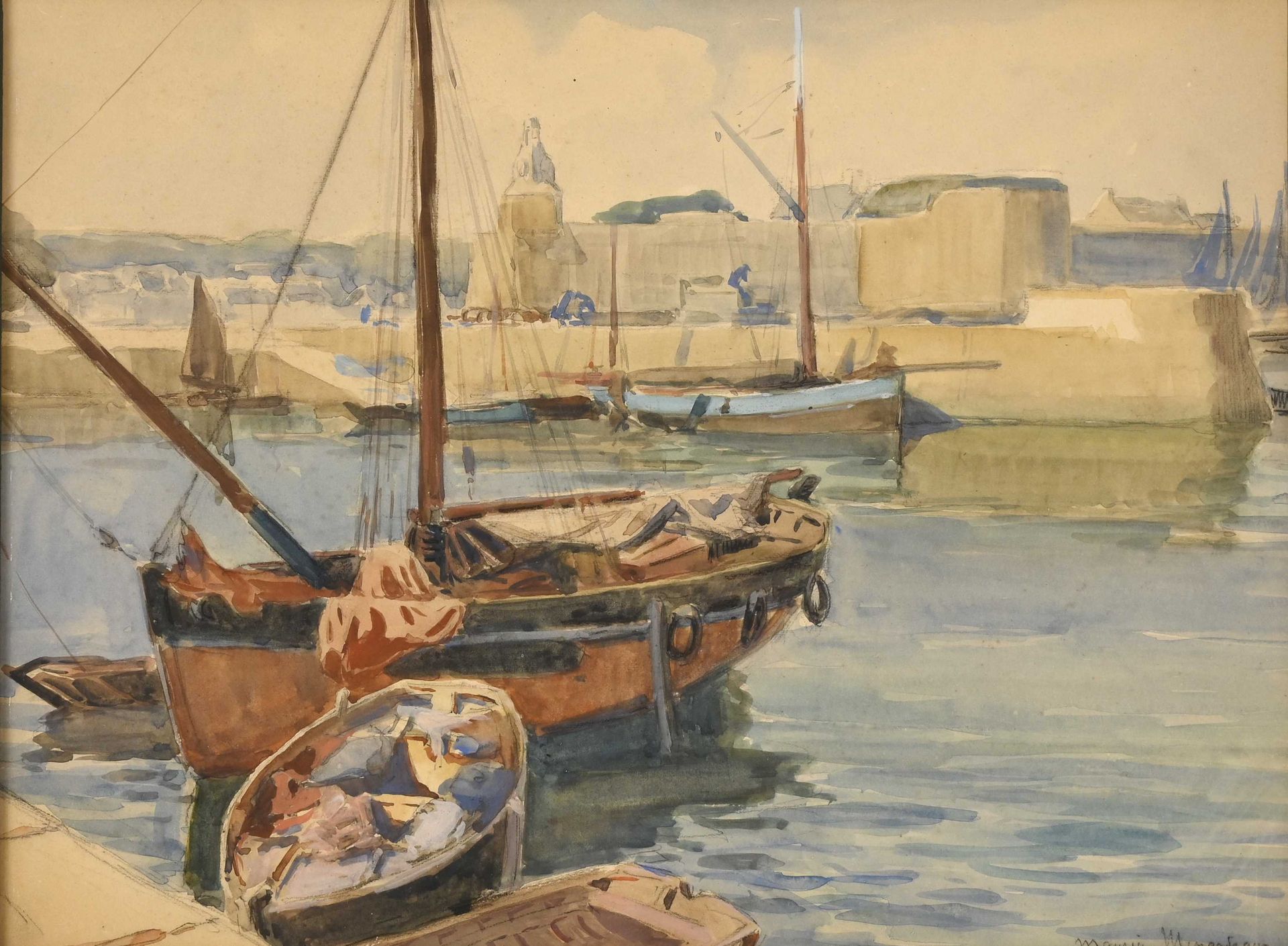 Null Maurice MENARDEAU (1897-1977) "Barques à quai devant la ville Close" aquare&hellip;