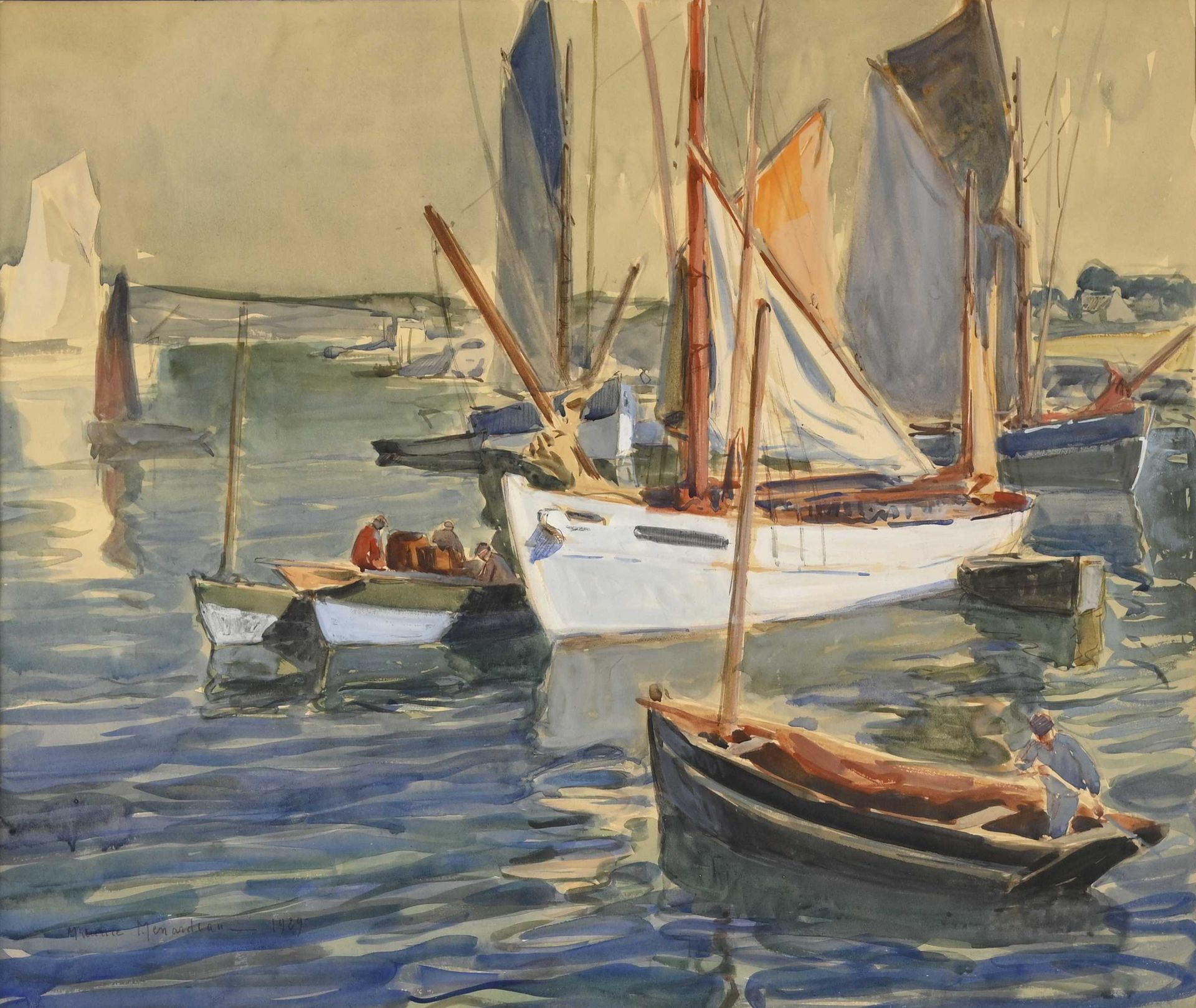 Null Maurice MENARDEAU (1897-1977) "Les thoniers et pêcheur en barque" aquarelle&hellip;