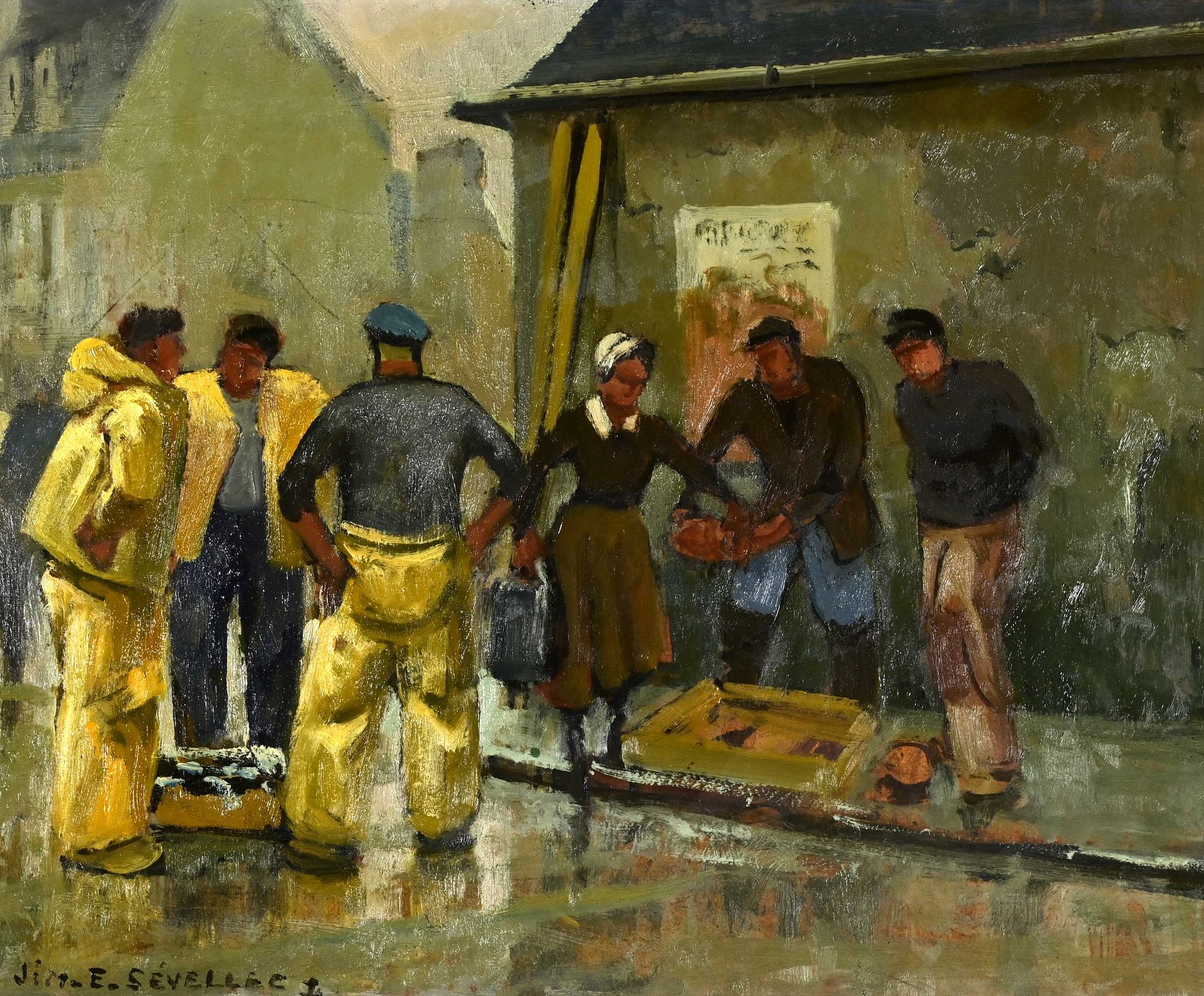 Null Jim SEVELLEC (1897-1971) "Pêcheurs à Douarnenez" hsi sbg 40x49