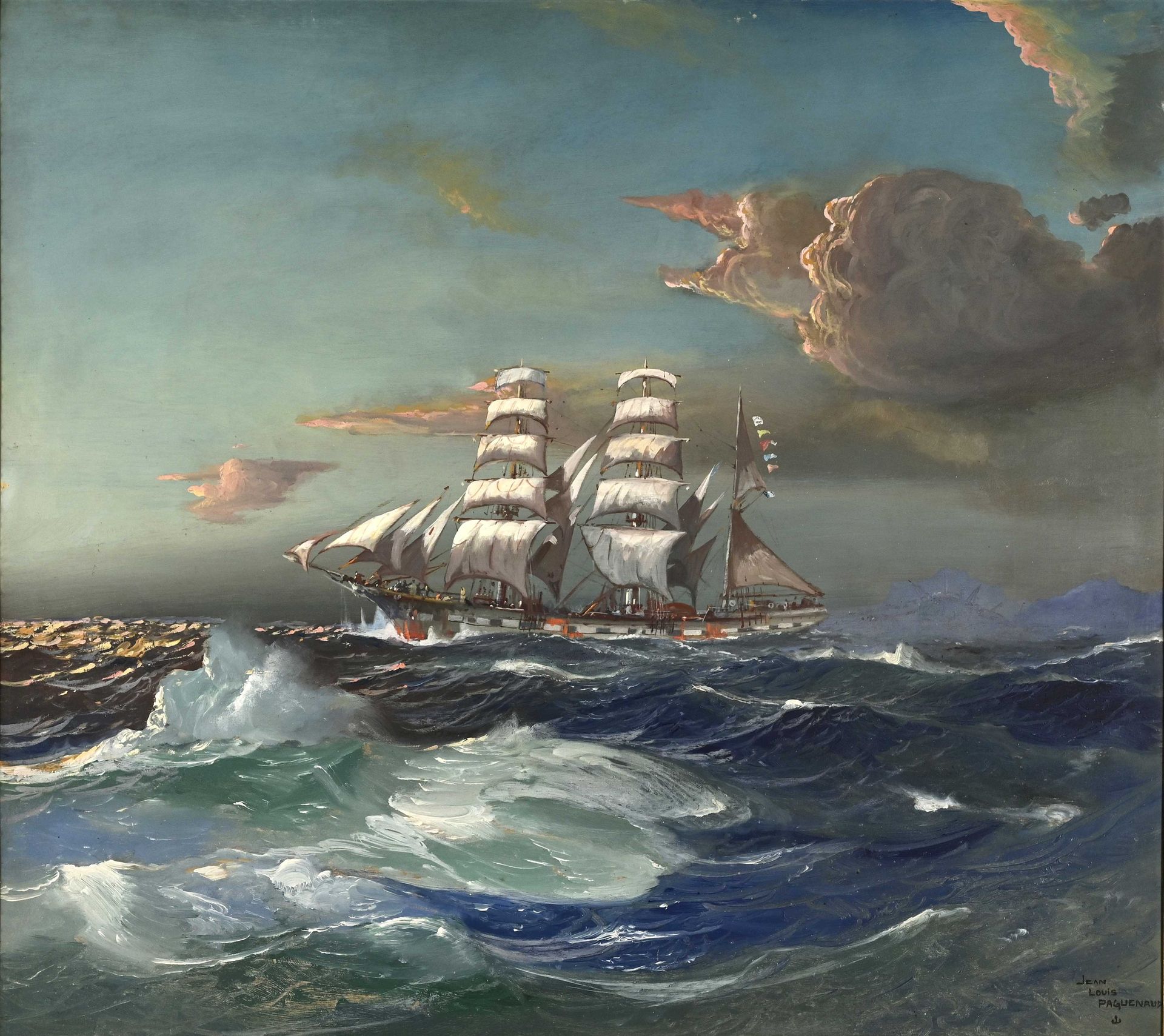 Null Jean Louis PAGUENAUD (1876-1952) (1922年被任命为海军画家) "大海里航行的三根桅杆" hsp sbd. 121x&hellip;