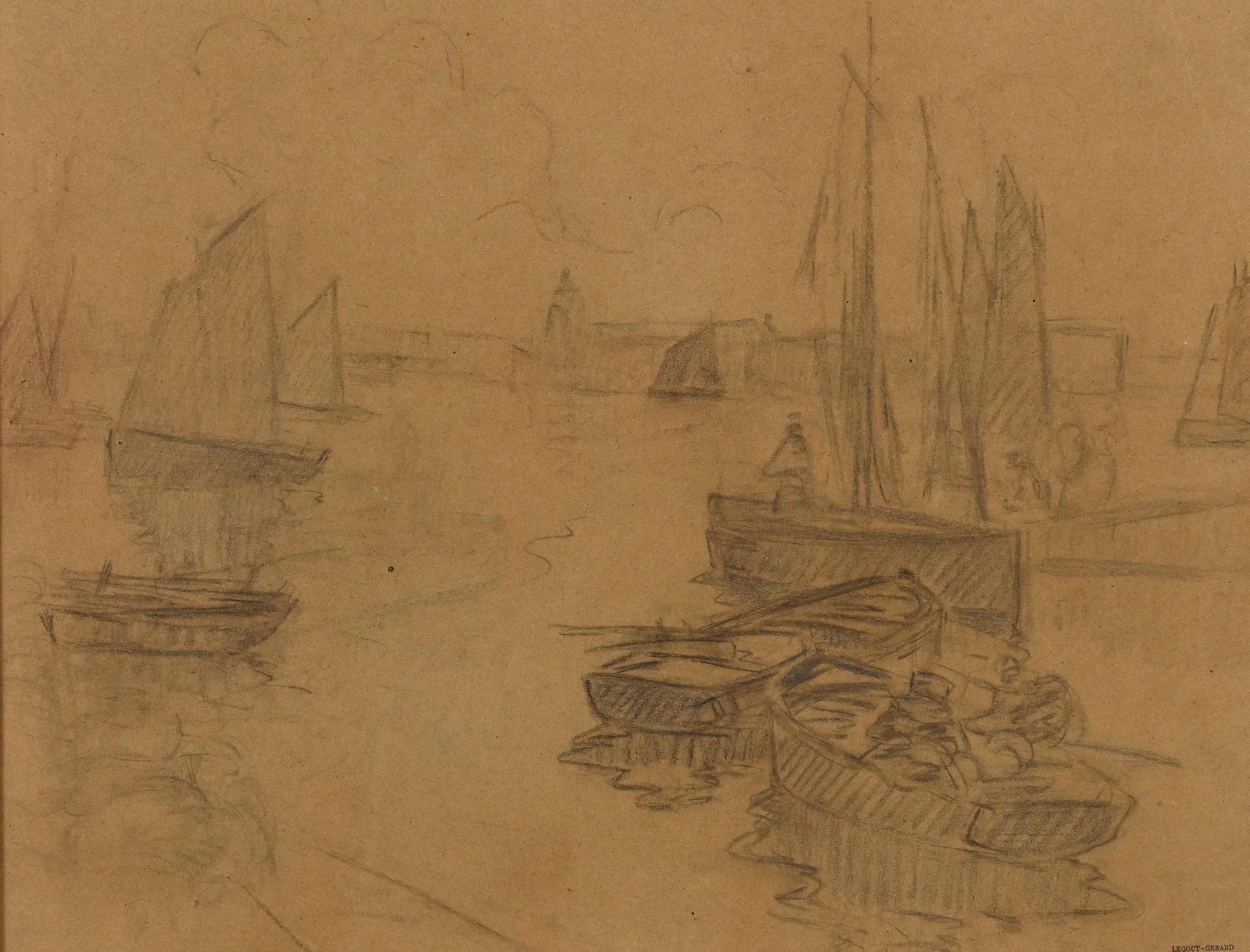Null Fernand LEGOUT GERARD (1856-1924) "Barques au mouillage" fusain cabd 42x55