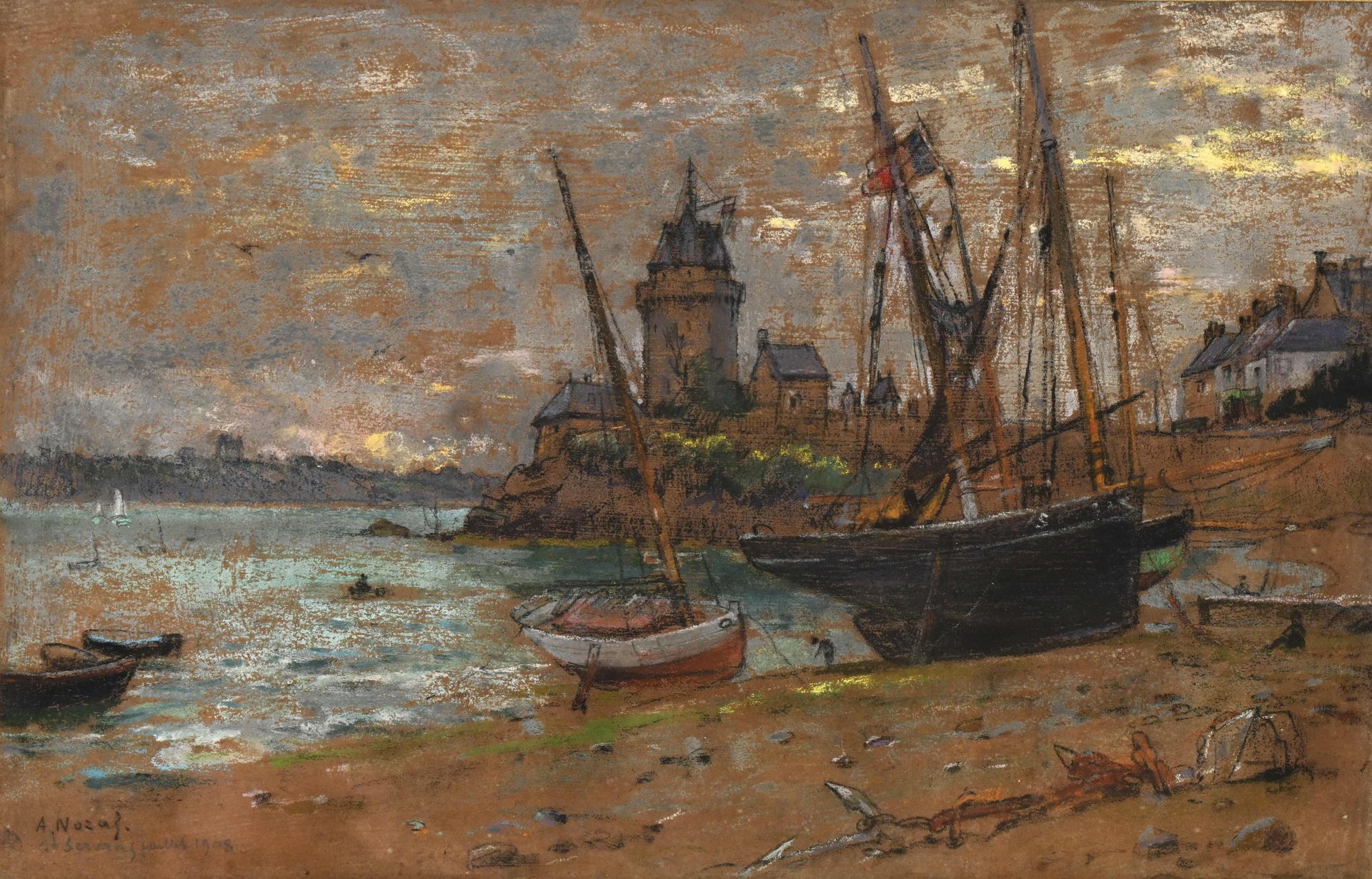 Null Alexandre NOZAL (1852-1920) "Le Port de Saint Servan", Pastel signé en bas &hellip;