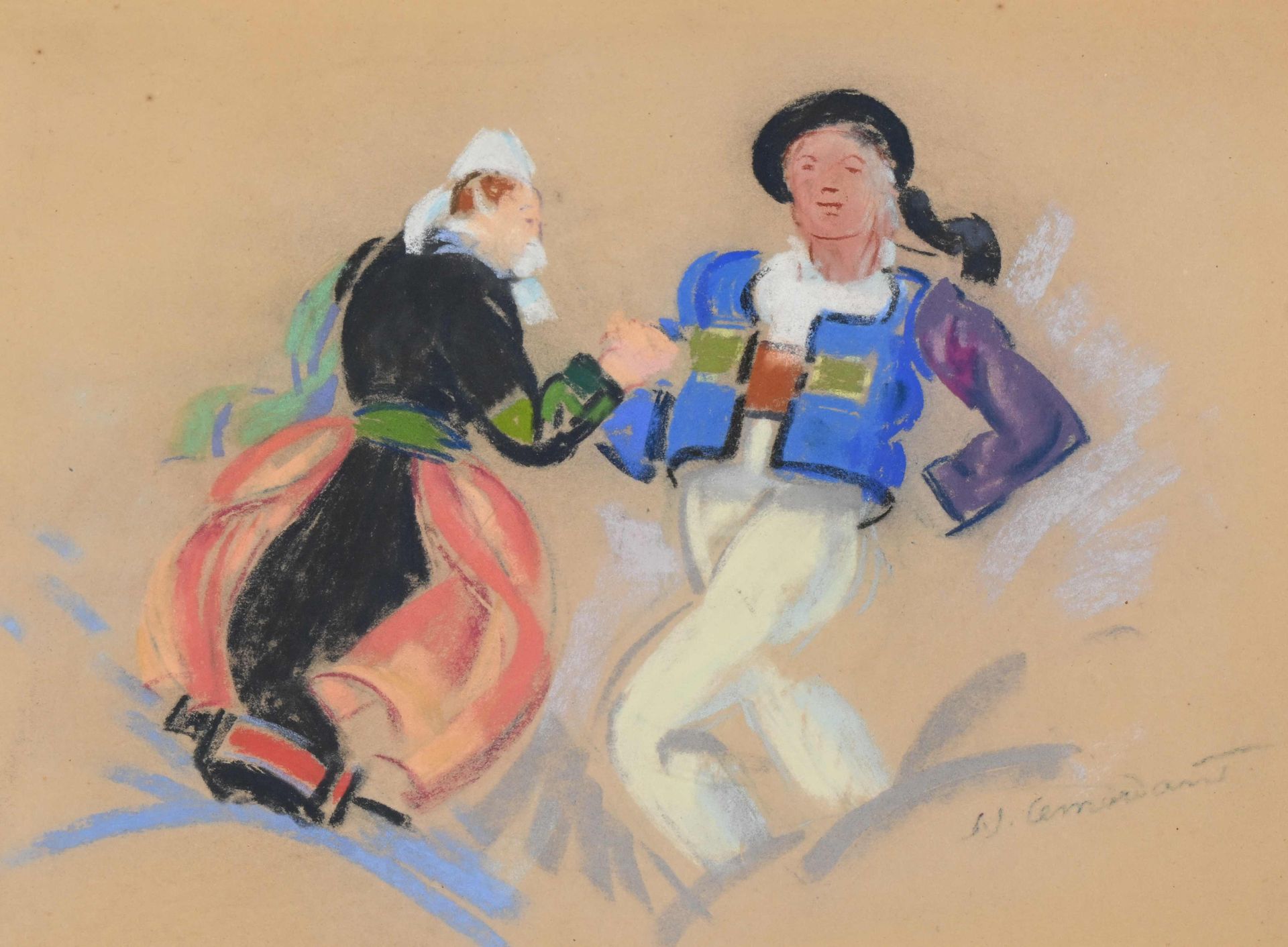 Null 让-朱利安-勒莫当（1878-1968 年），《一对魁北克舞者》，粉彩画，右下方有签名，32 x 45 厘米