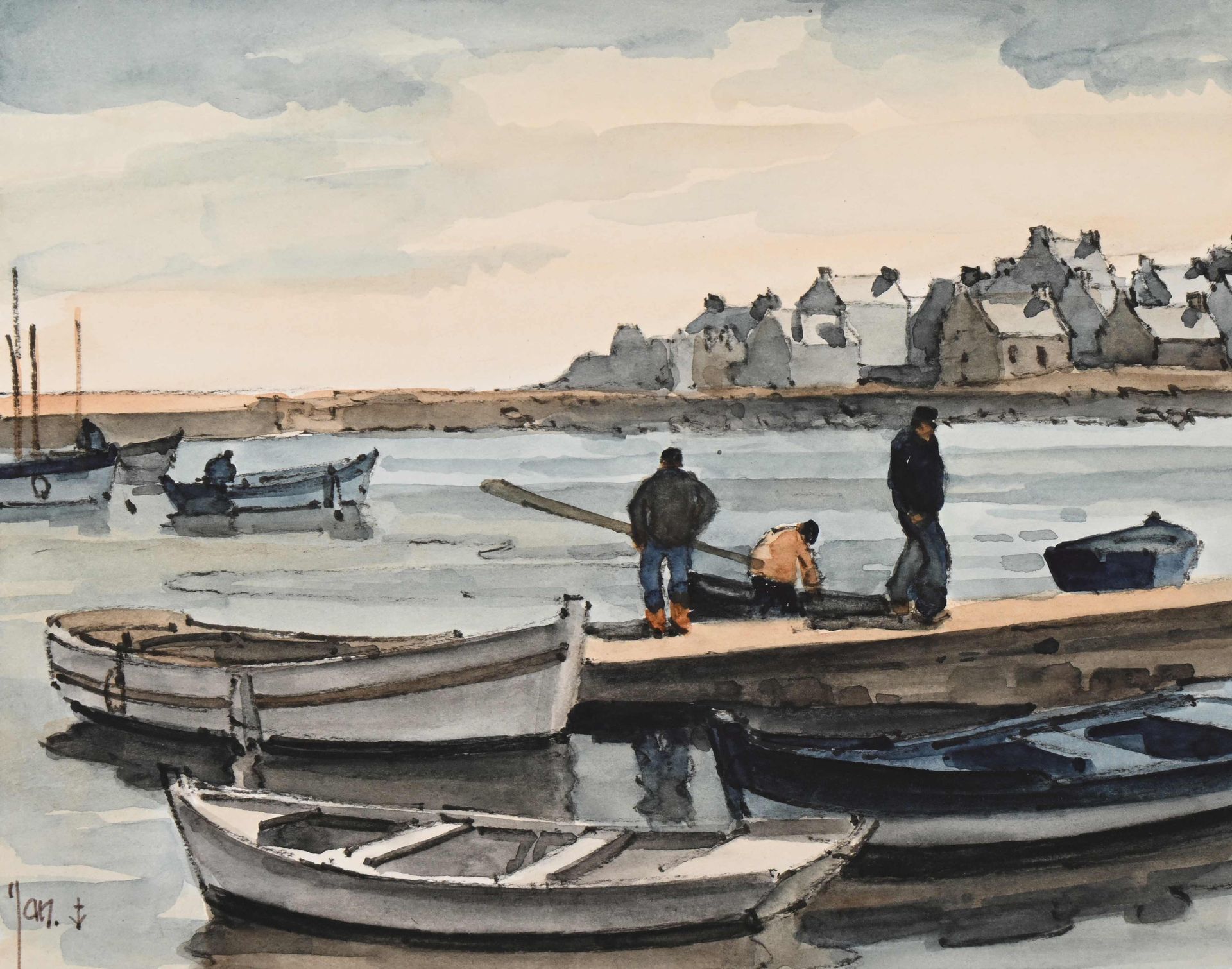 Null Robert YAN (1901-1994) "Ile de Sein, le quai sud", Aquarelle signée en bas &hellip;