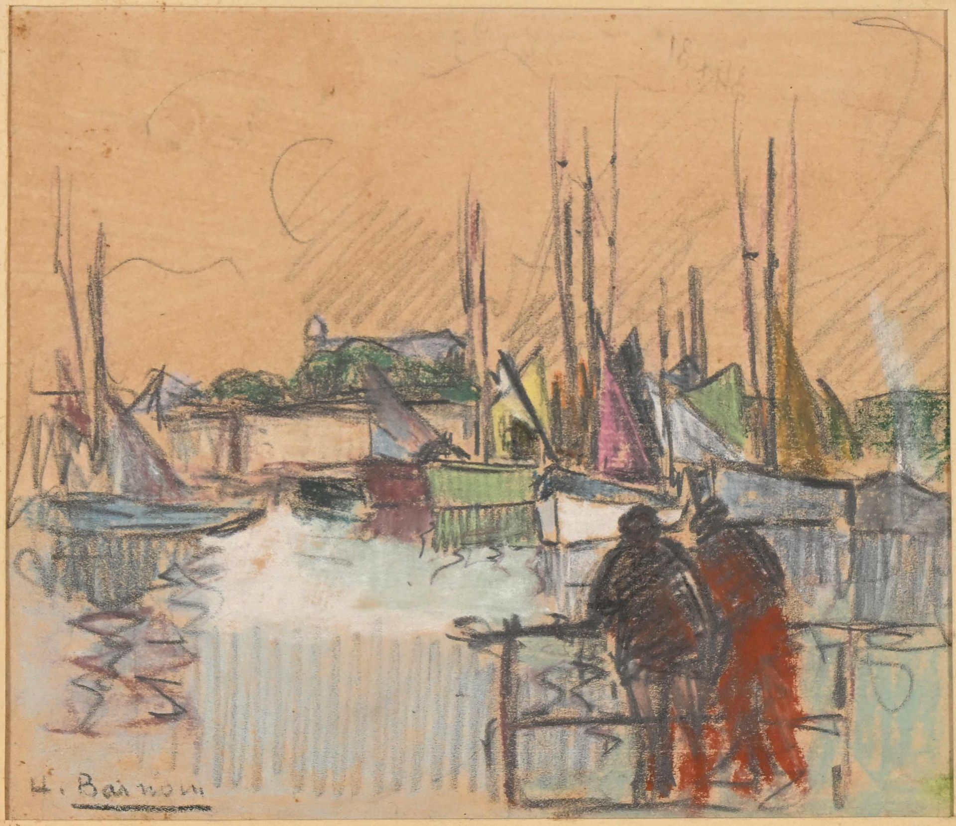 Null Henry BARNOIN ( 1882-1940) " Thoniers amarrés à Concarneau", Pastel signé e&hellip;