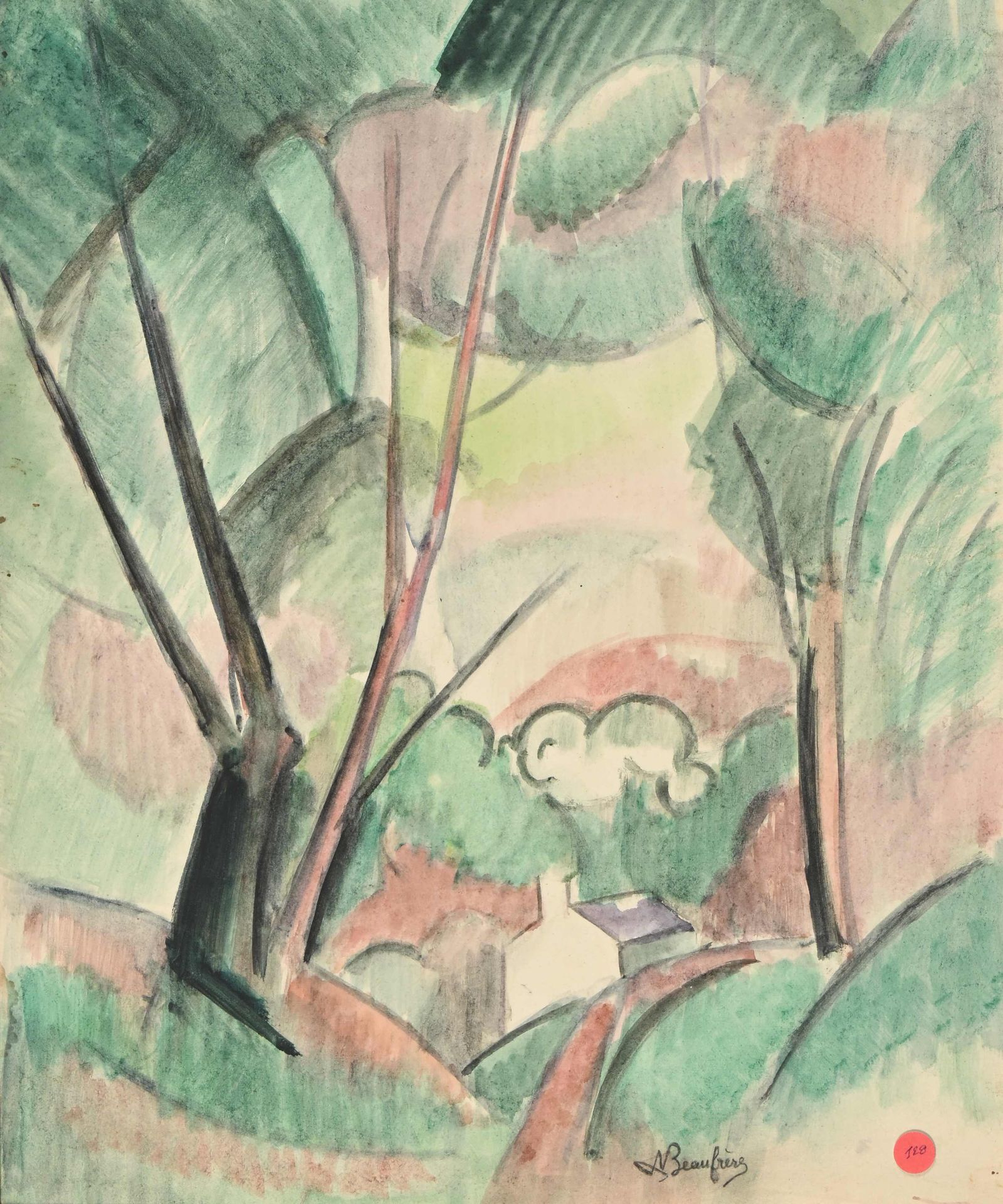 Null Adolphe BEAUFRERE (1876-1960) «Paysage aux arbres vert et rose», Aquarelle &hellip;