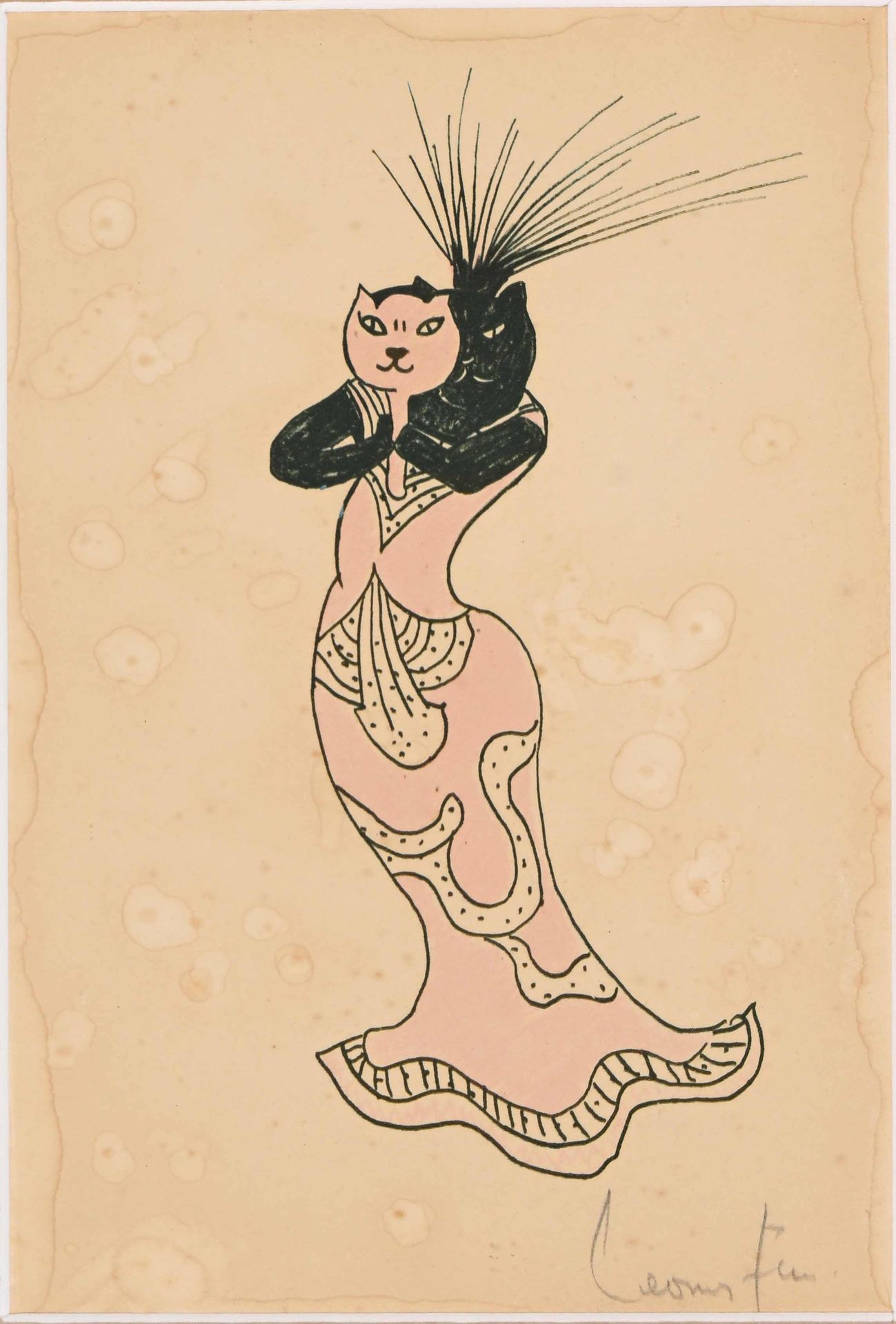 Null Leonor FINI (1907-1996), "Le chat masqué", Aquarelle et crayons signée en b&hellip;