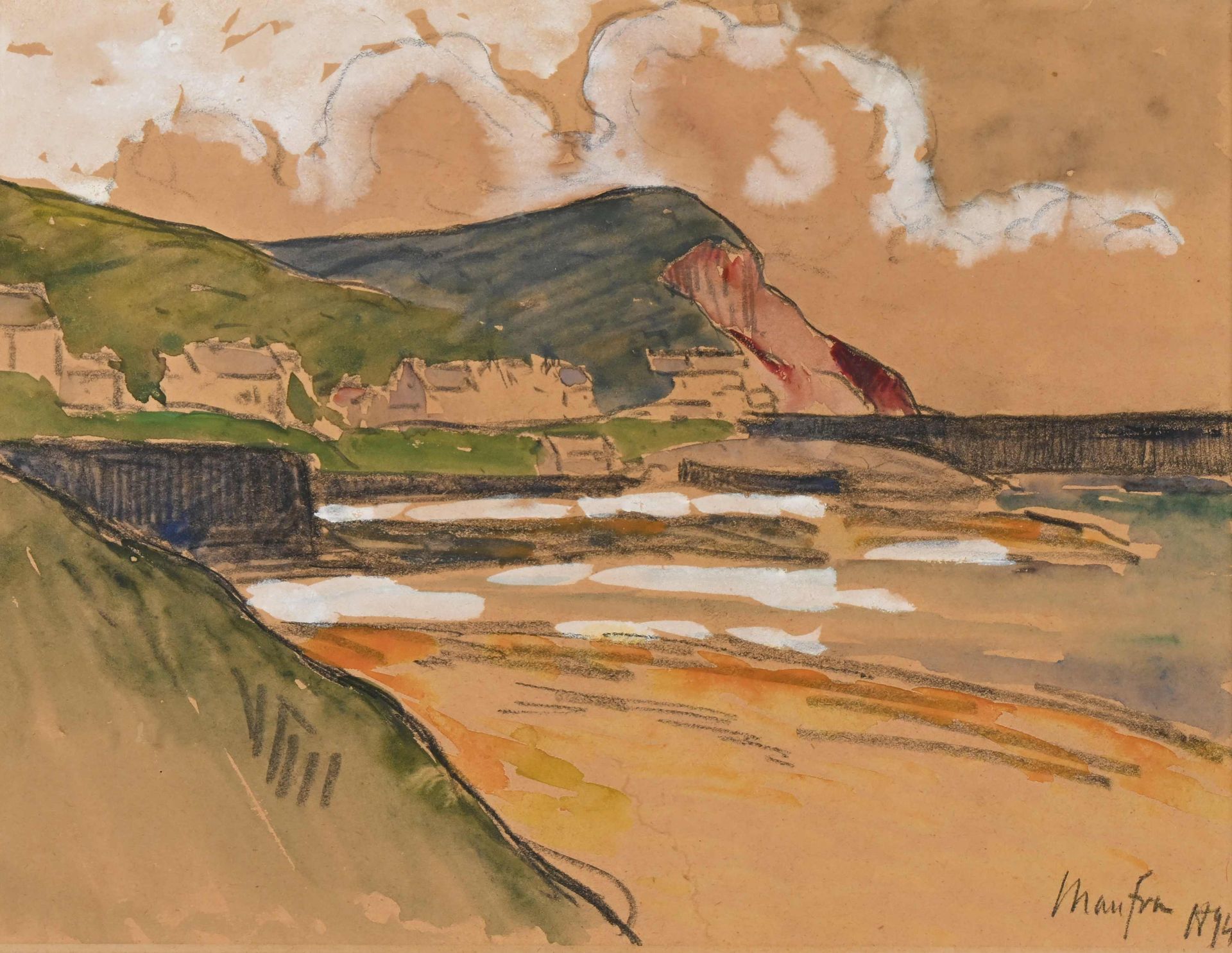 Null Maxime MAUFRA (1861-1918) "Aldea junto al mar, diciembre de 1894", Acuarela&hellip;