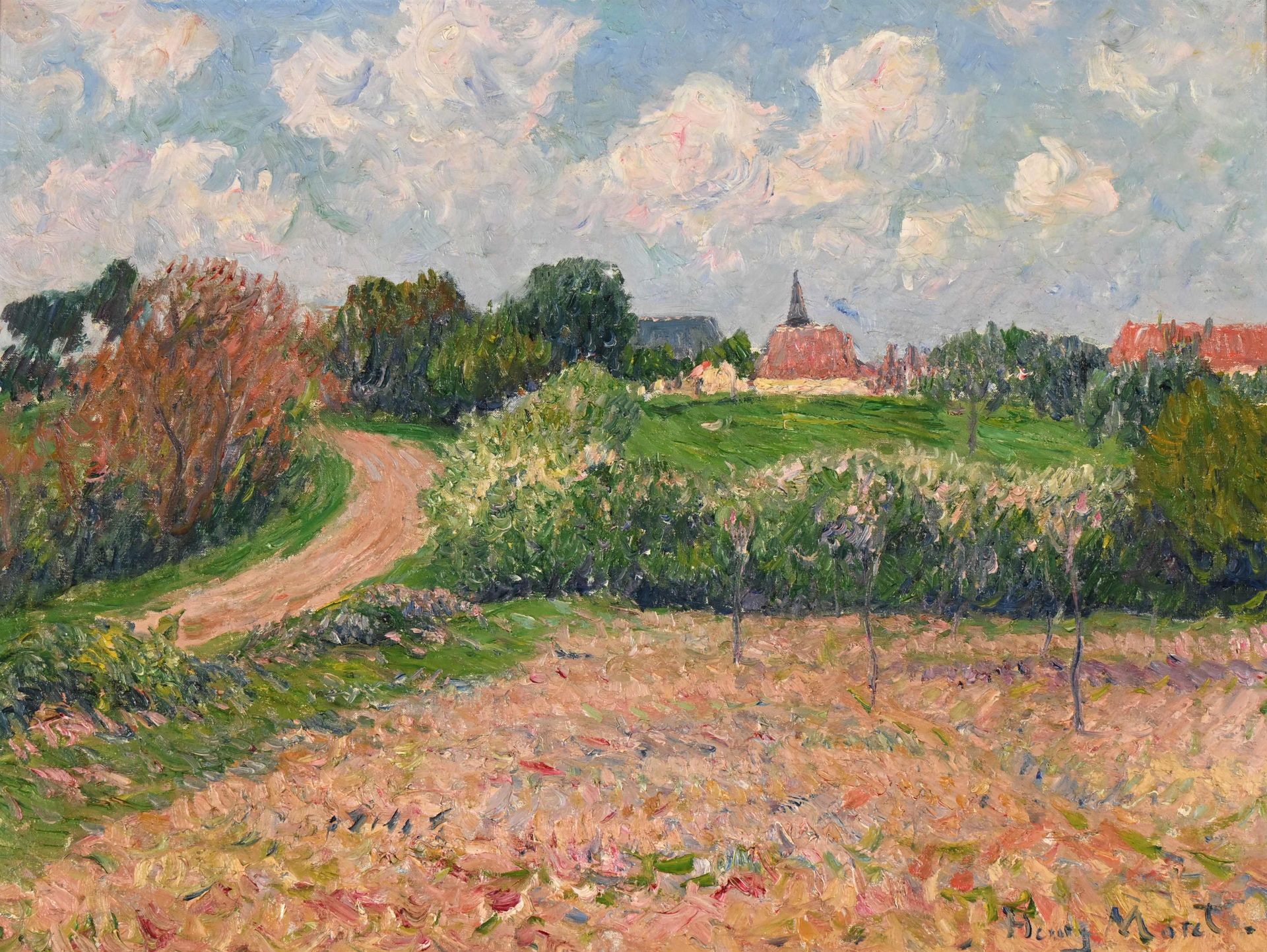 Null Henry MORET (1856-1913) "Paysage de Bretagne, arbres en fleurs", Huile sur &hellip;