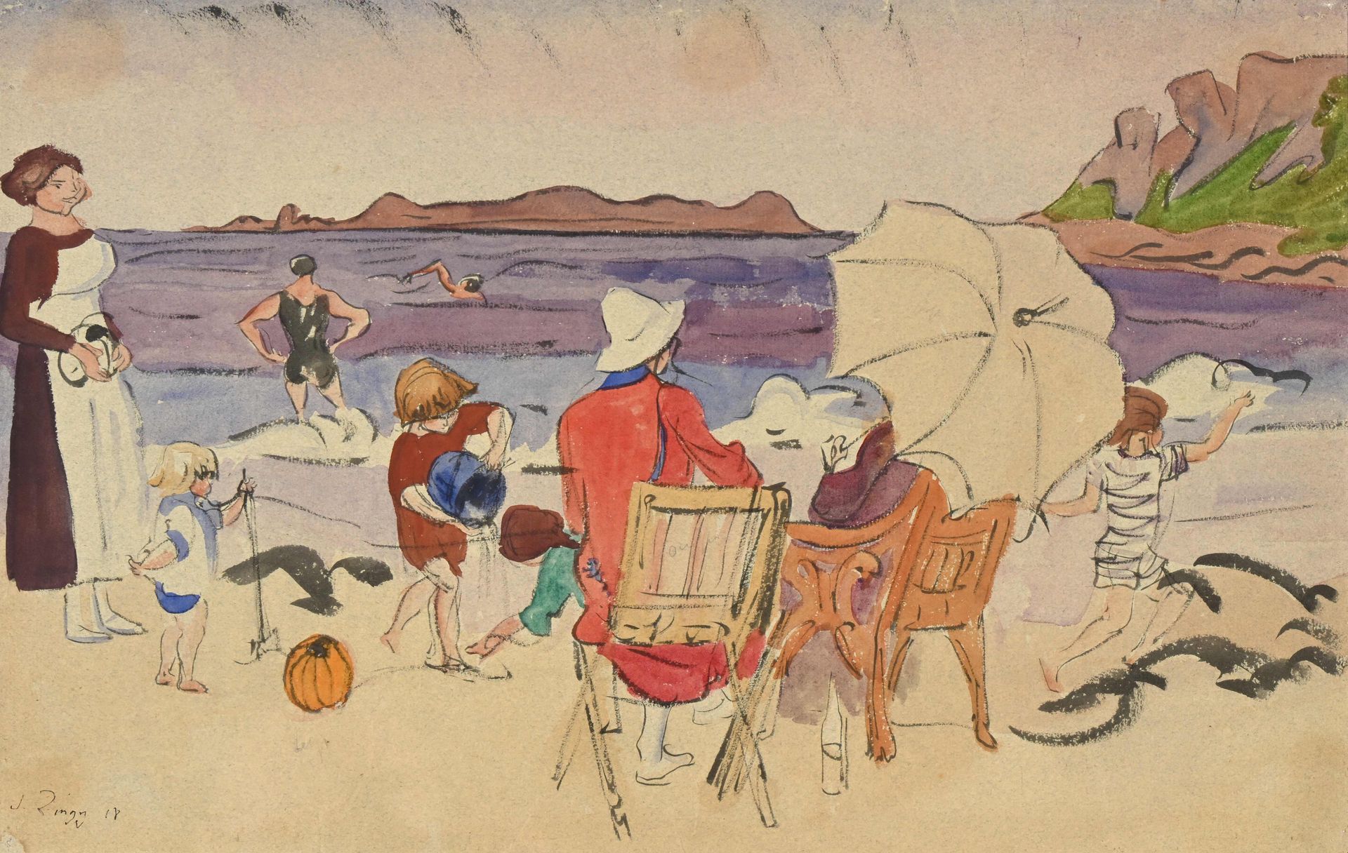 Null 朱尔斯-埃米尔-辛格（1882-1942），水彩画 "Sur la plage"，左下方有签名，29.5 x 46 厘米
