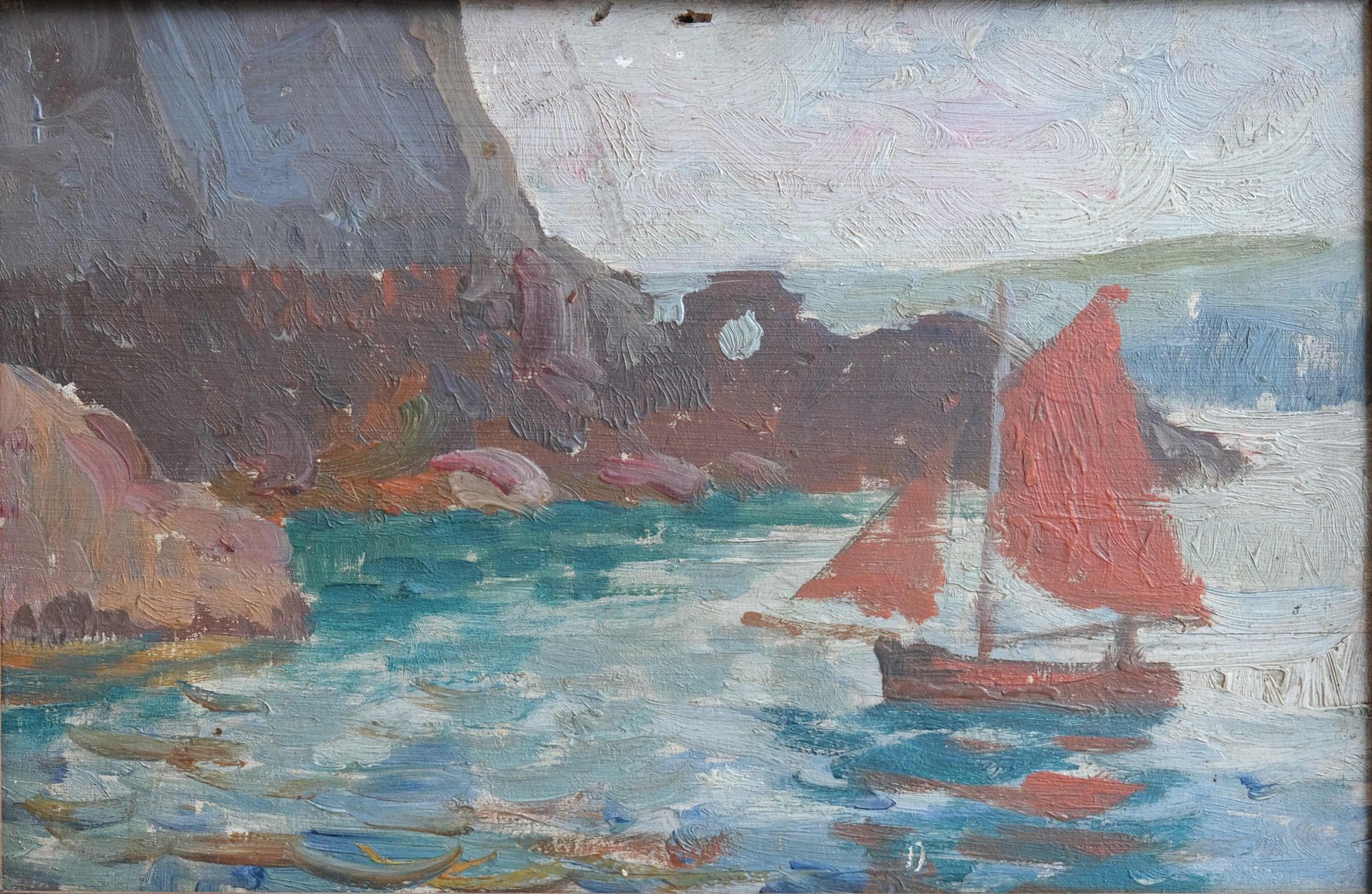 Null Maxime MAUFRA (1861-1918) "Côte rocheuse en voilier" huile sur panneau sign&hellip;