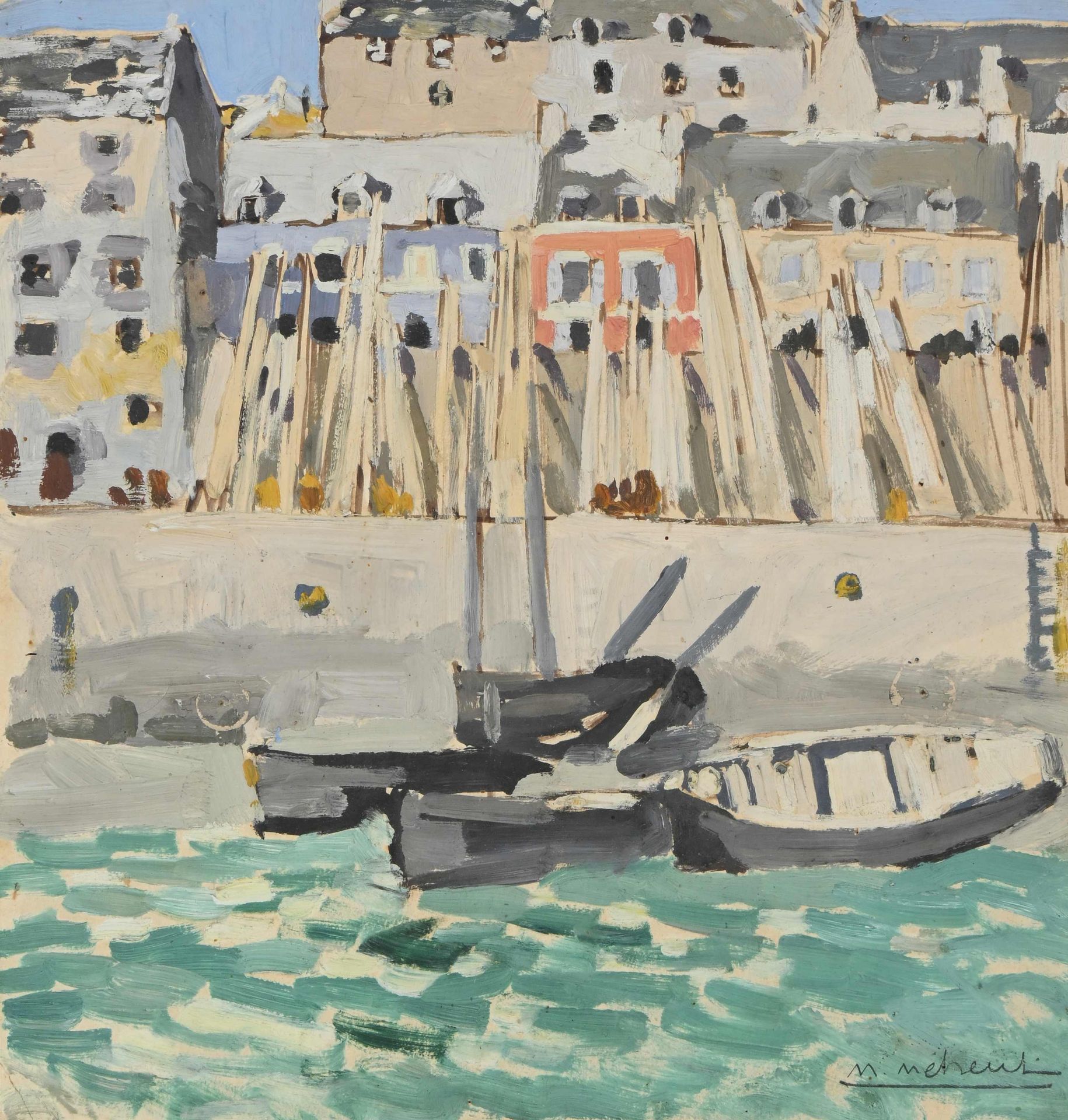 Null Mathurin MEHEUT (1882-1958), «Barques au port de Douarnenez», Gouache signé&hellip;