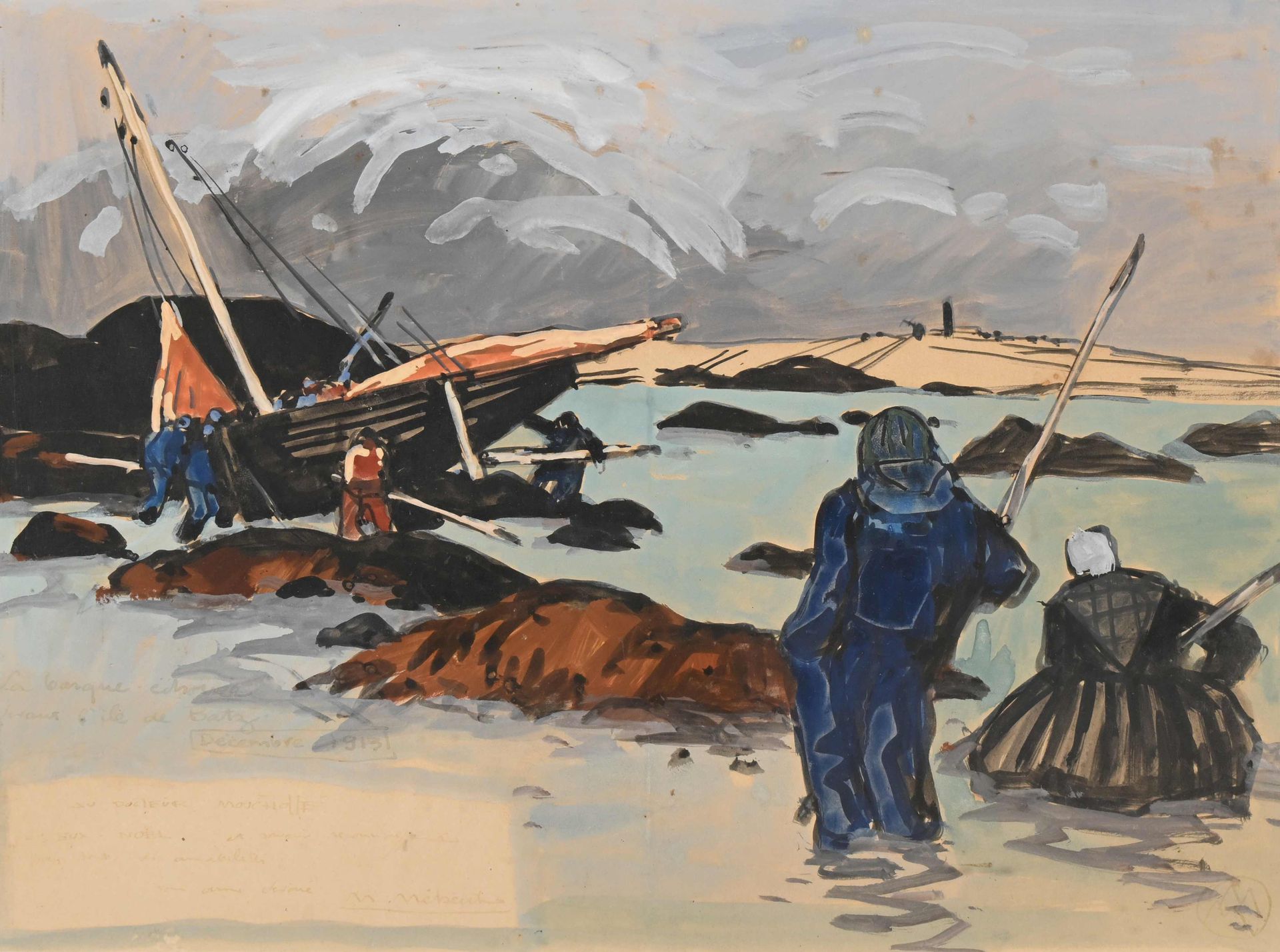 Null Mathurin MEHEUT (1882-1958), "La barque échouée devant l'Ile de Batz, décem&hellip;