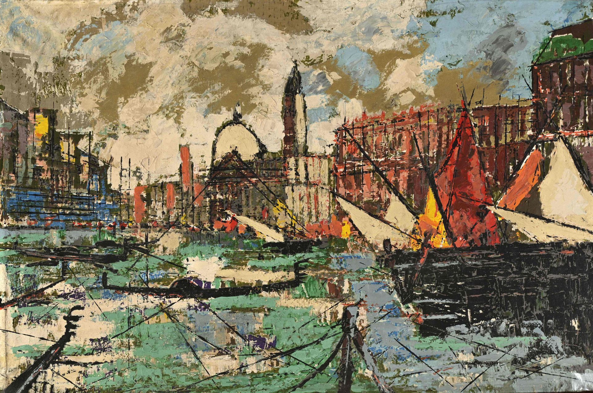 Null Ecole Moderne vers 1940/1950, "Venise le Grand Canal", Huile sur toile, 61 &hellip;