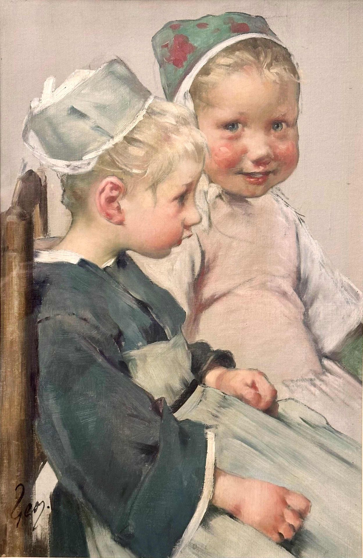 Null Jean GEOFFROY dit GEO (1853-1924) "Les deux petites bretonnes", Oil on canv&hellip;