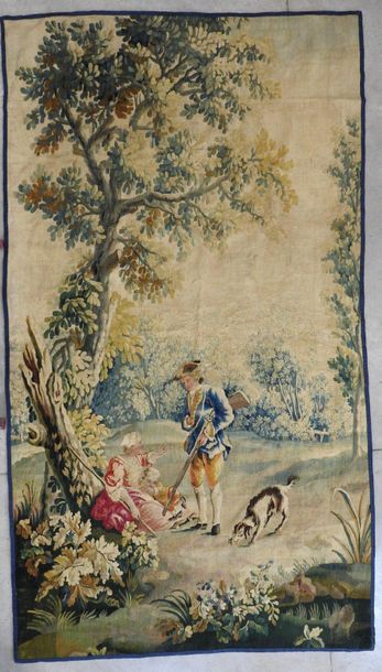 Null Manufacture d'AUBUSSON : Shepherdess and hunter. Tapestry in wool and silk.&hellip;