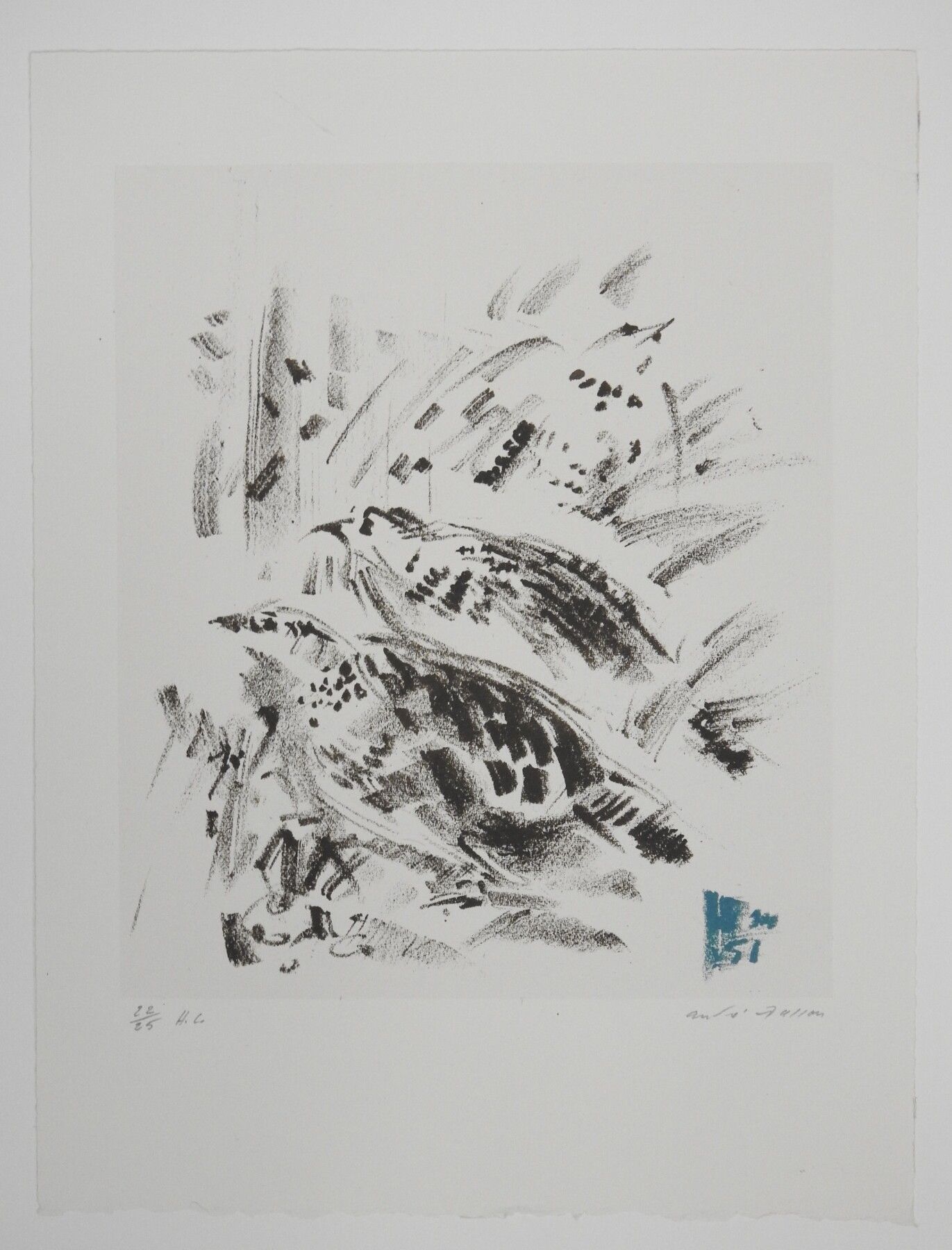 Null 安德烈-马松（1896-1987）：三只鹌鹑。1951.彩色石版画。右下方有签名。左边的编号是22/25。已绝版。33 x 35厘米。出处：罗杰-帕塞&hellip;