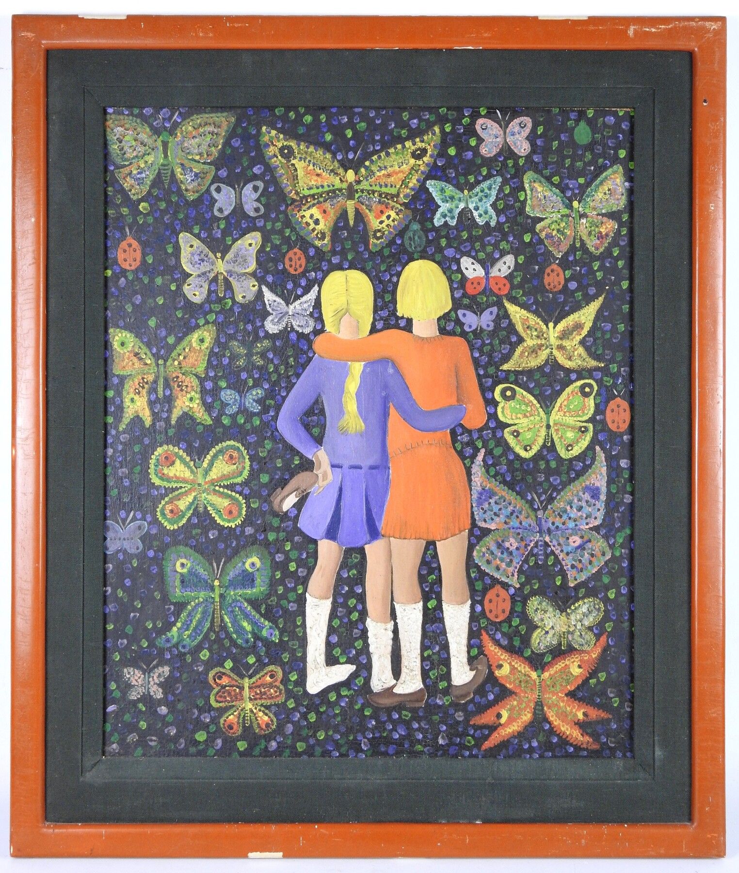 Null NAIVE SCHOOL：两个金发碧眼的女孩从后面看到了蝴蝶的场景。板面油画，61 x 50厘米。背面有巴黎克劳德-德-穆扎克的标签。有框。框架略有缺&hellip;