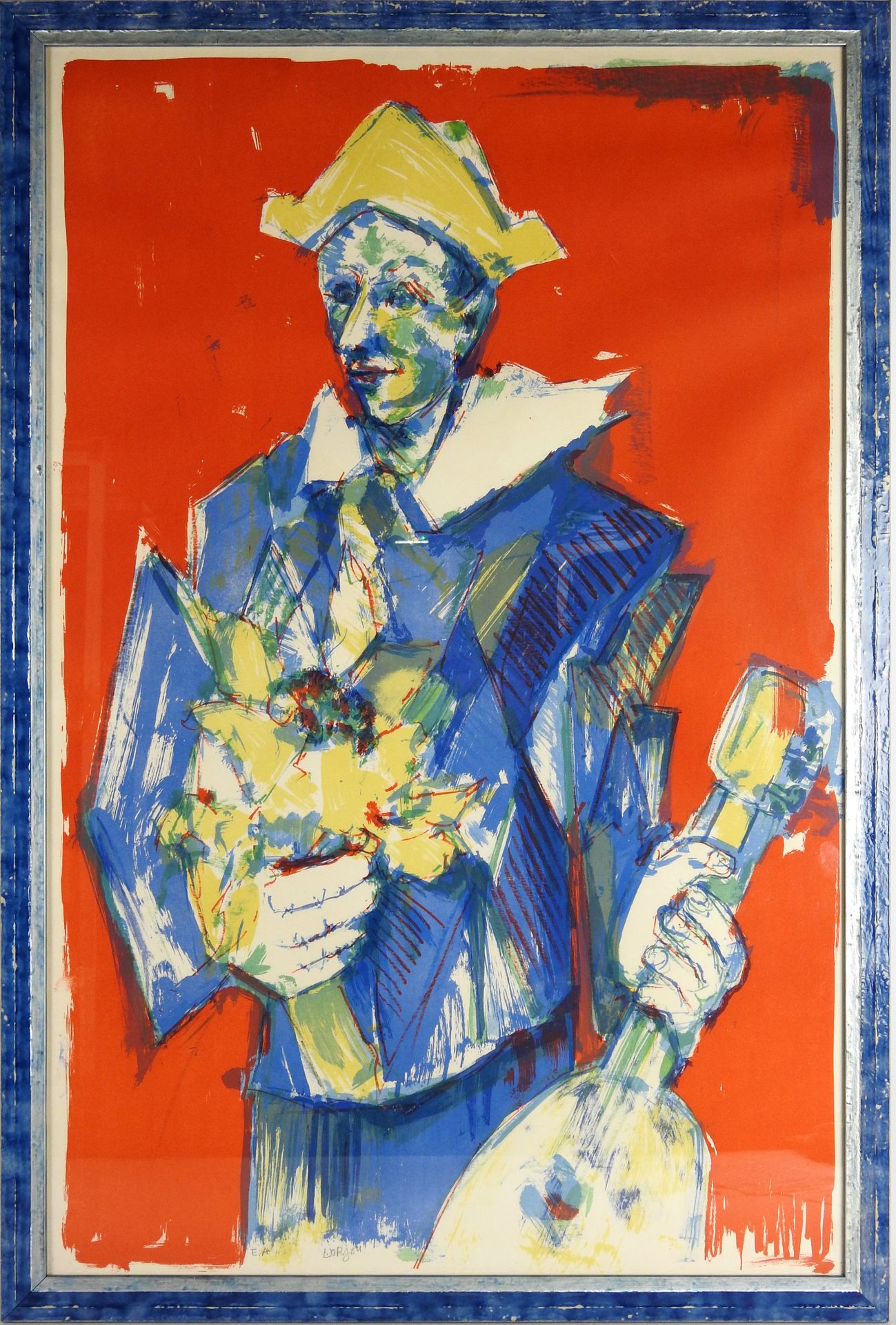 Null 
伯纳德-洛尔约（1908-1986）。带着吉他和向日葵的哈雷金。石版画。底部有签名和注解的艺术家证明。100x64厘米。玻璃下的框架
