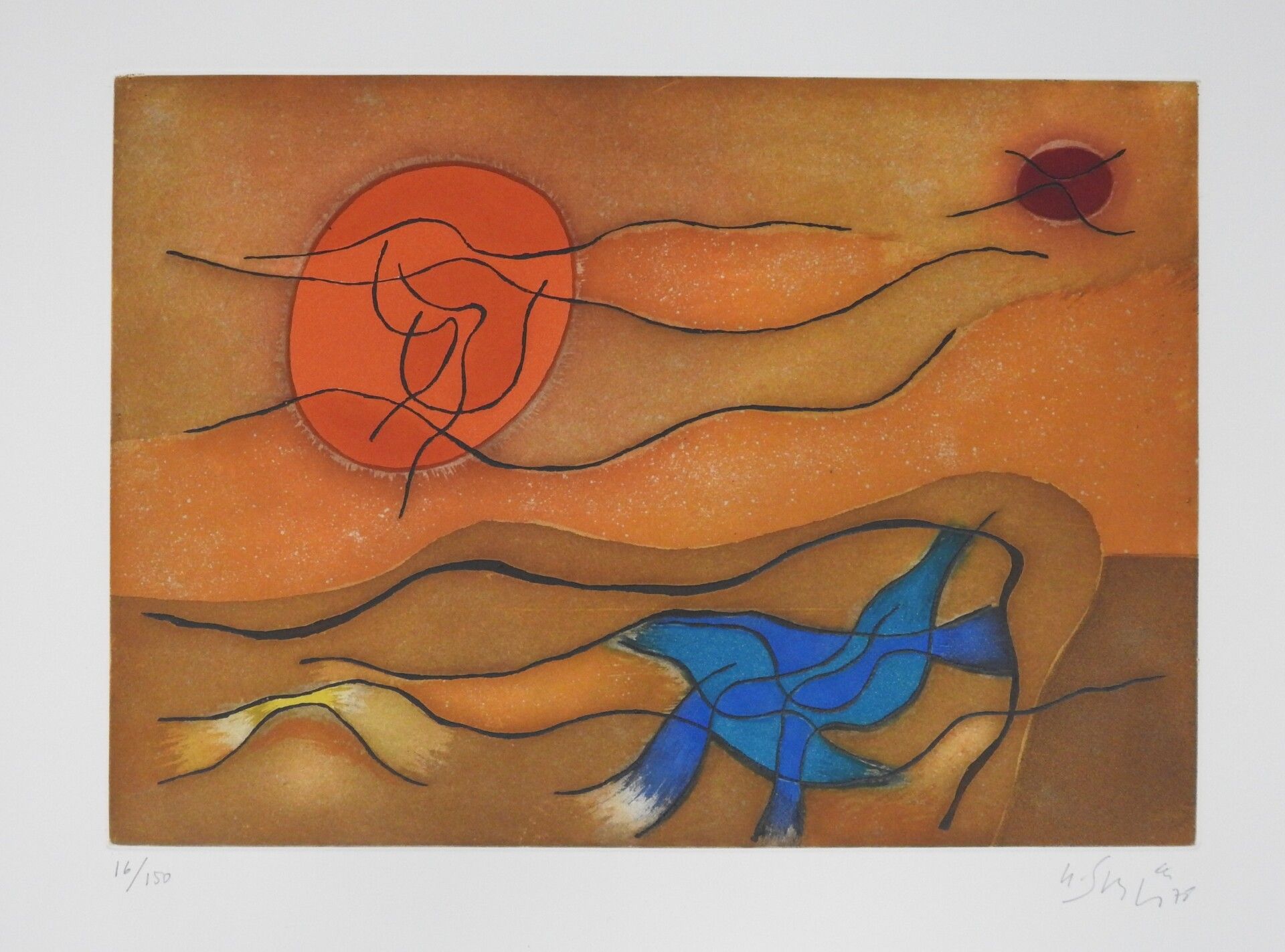 Null 古斯塔夫-辛吉尔（1909-1984）：《红太阳》。蚀刻。右下方有签名，日期为78。左边的编号是16/150。49,5 x 63,5厘米。出处：罗杰-&hellip;