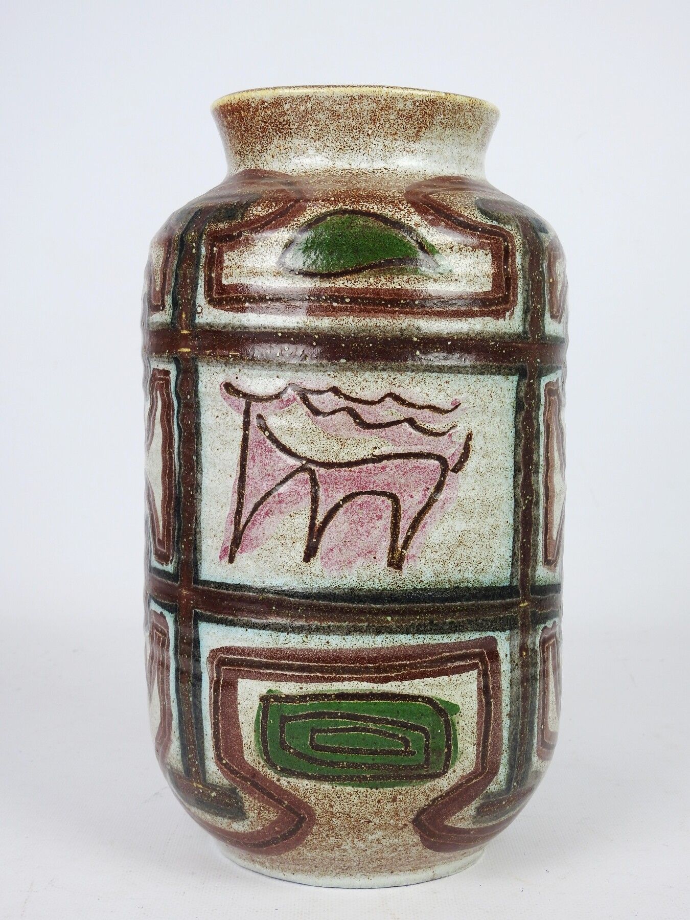 Null ACCOLAY：陶瓷花瓶，颈部有折边，用酒红色的条纹划出抽象的分隔装饰。底座背面有签名。高：31.5厘米