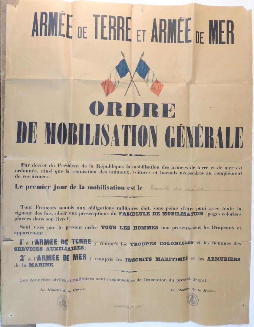 Null AFFICHE. Ordre de mobilisation générale du dimanche 2 août 1914, Imprimerie&hellip;