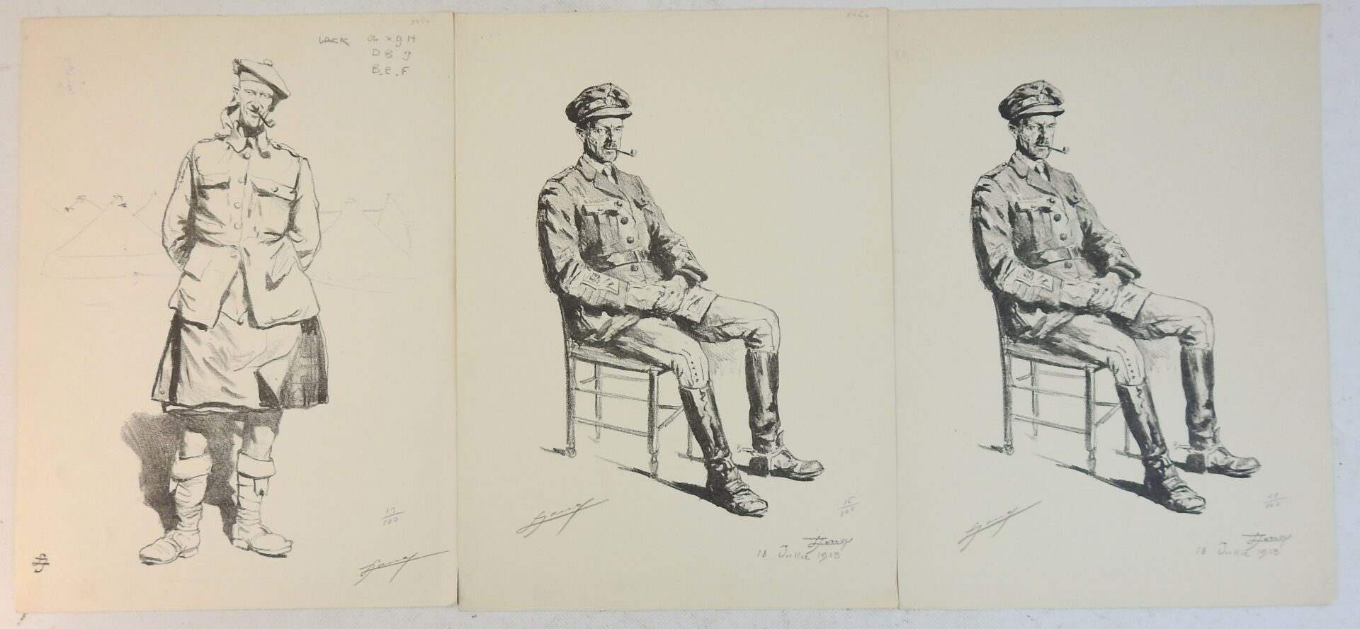 Null 乔纳斯-吕西安（1880-1947）。表现1915年一名苏格兰士兵和一名英国军官的3幅石版画套画，在100号上编号并签名，38 X 29厘米。ABE