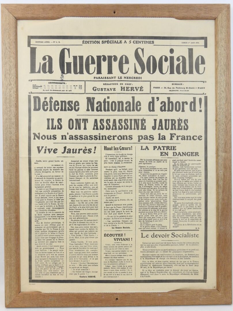 Null 1914年8月1日星期六的报纸 "La guerre sociale "宣布 "Ils ont assassiné Jaurès"，带框架，尺寸为55&hellip;